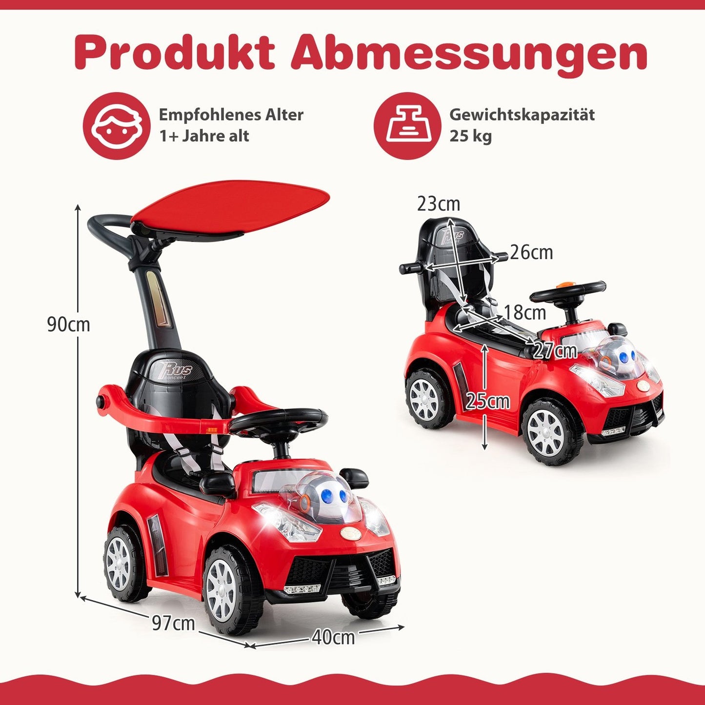 3-in-1 Ride-On Car with Push Handle, Storage, Red