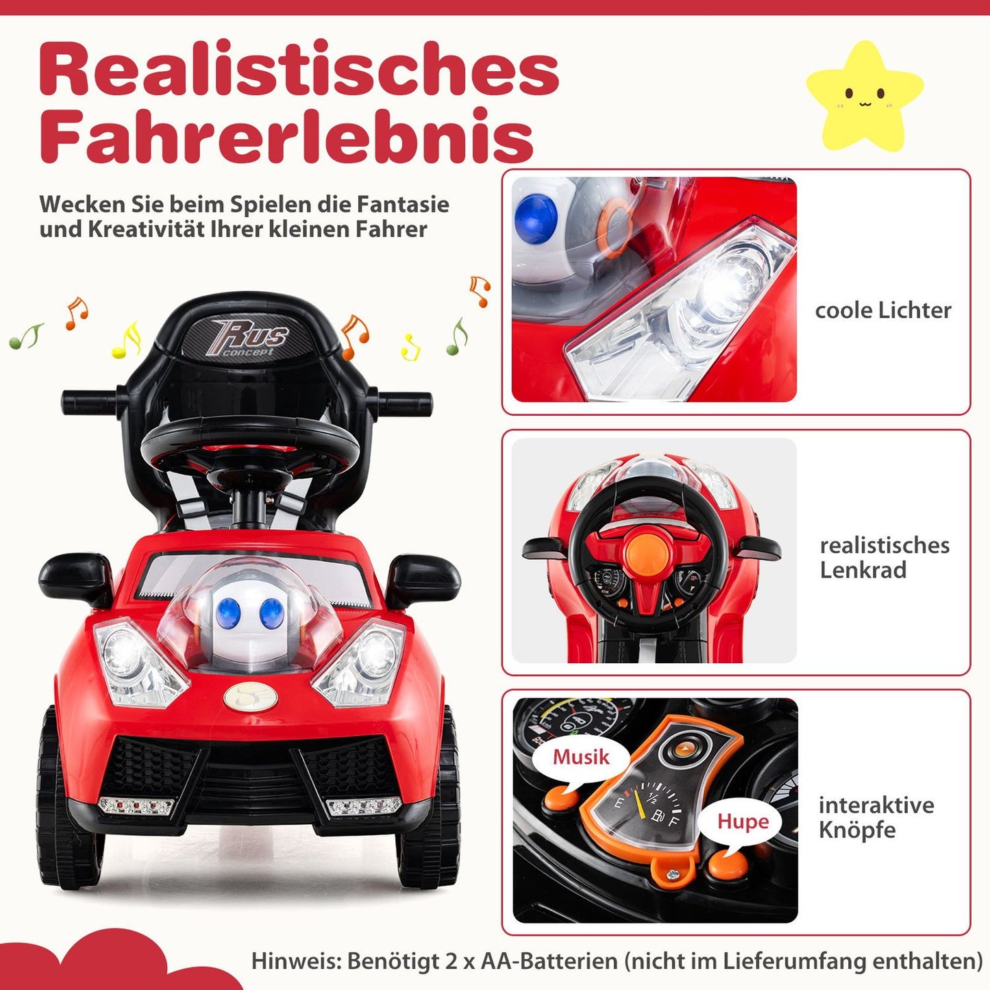3-in-1 Ride-On Car with Push Handle, Storage, Red