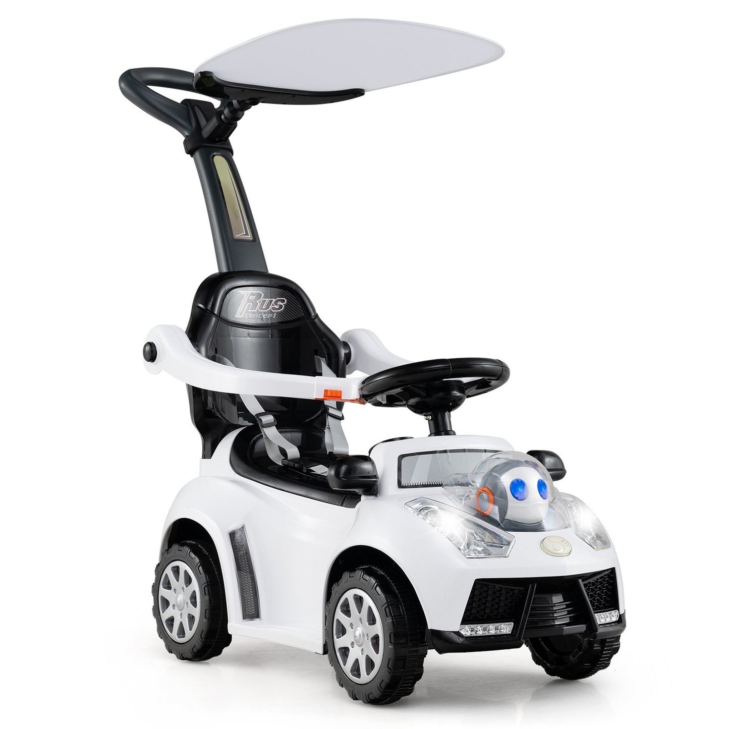3-in-1 Ride-On Car with Push Handle, Storage, White