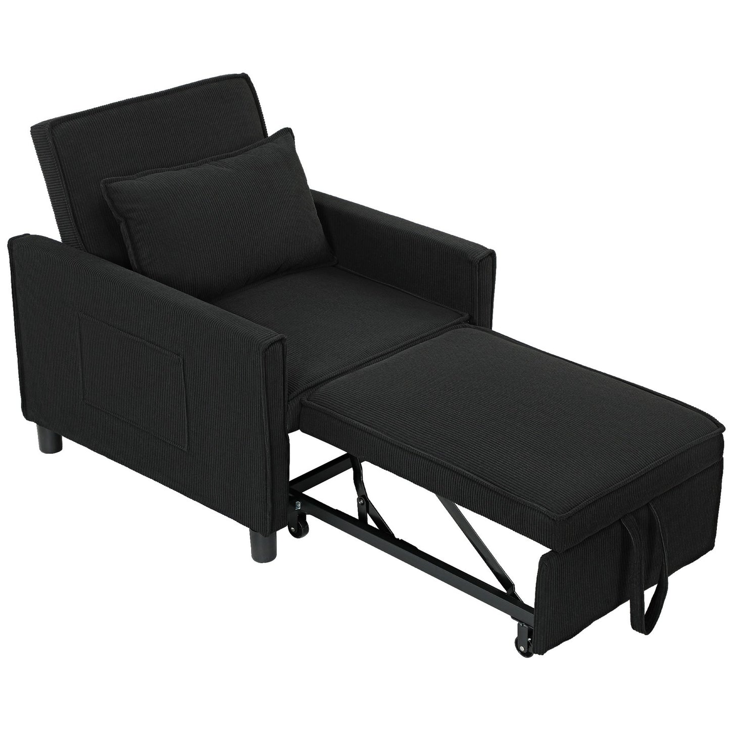 3-in-1 sofa bed, adjustable chair with wheels, black corduroy