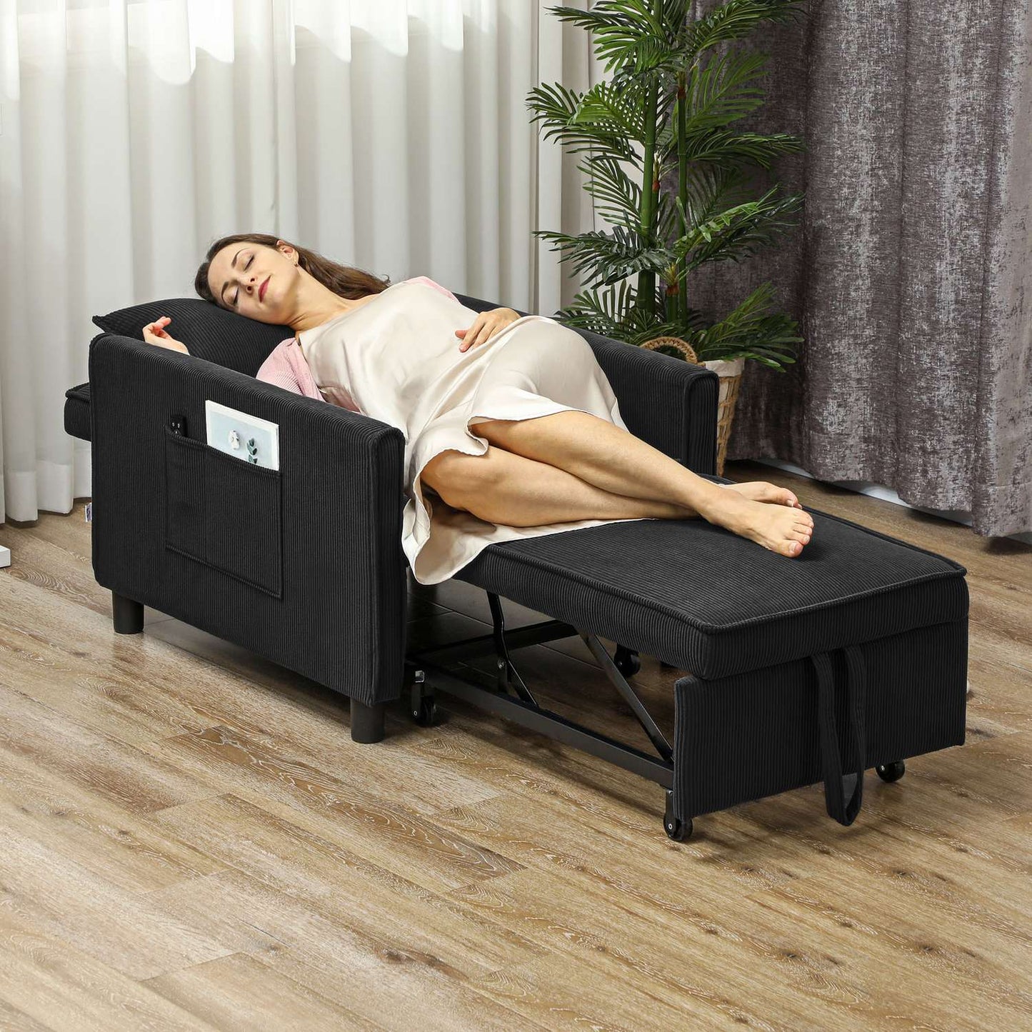 3-in-1 sofa bed, adjustable chair with wheels, black corduroy