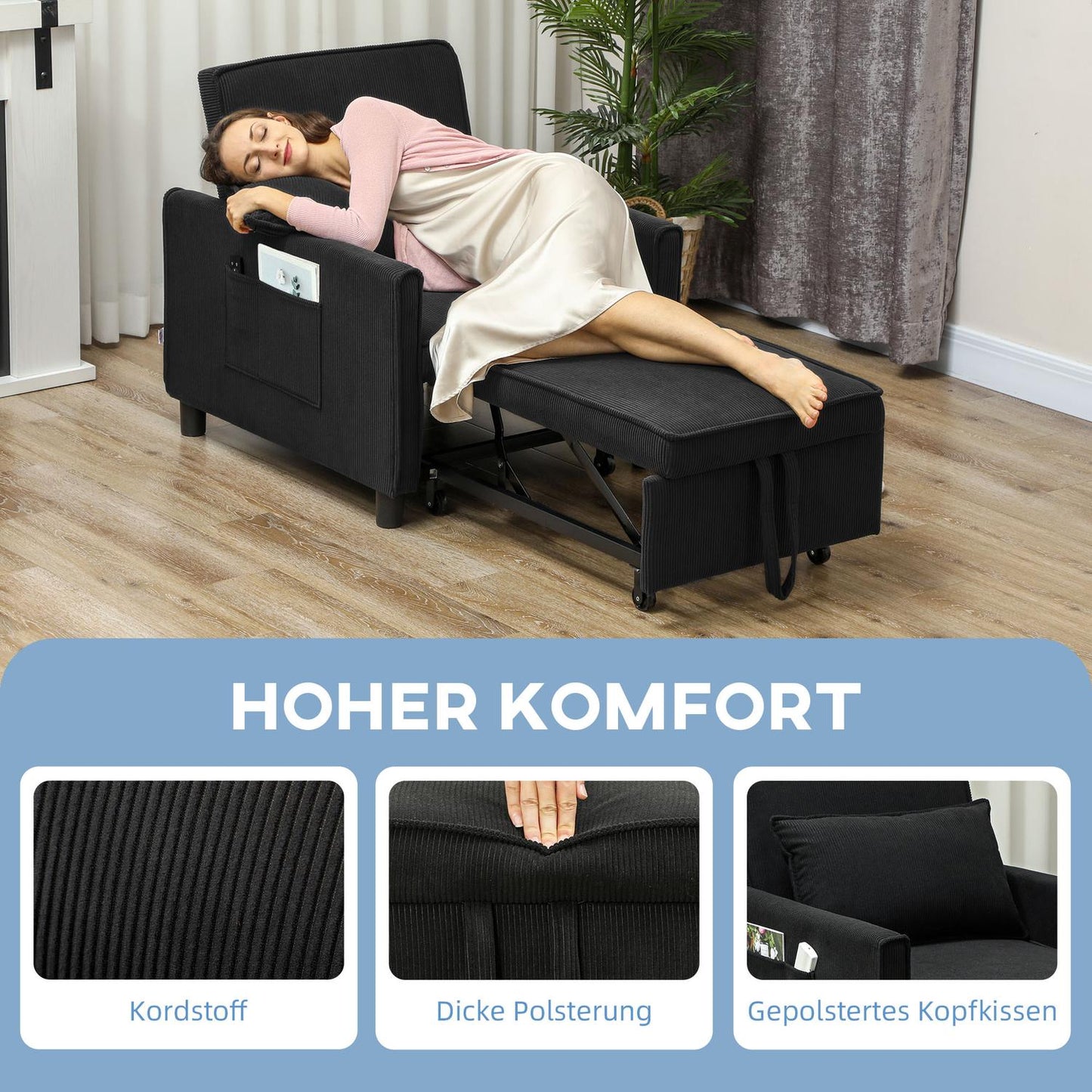 3-in-1 sofa bed, adjustable chair with wheels, black corduroy