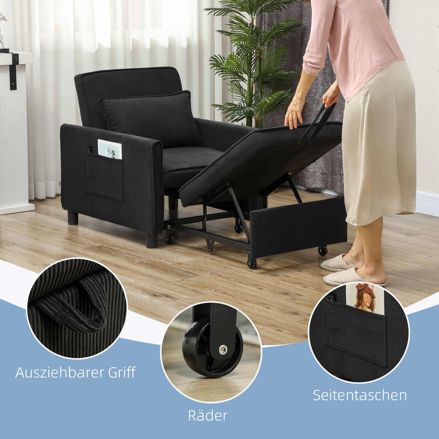 3-in-1 sofa bed, adjustable chair with wheels, black corduroy