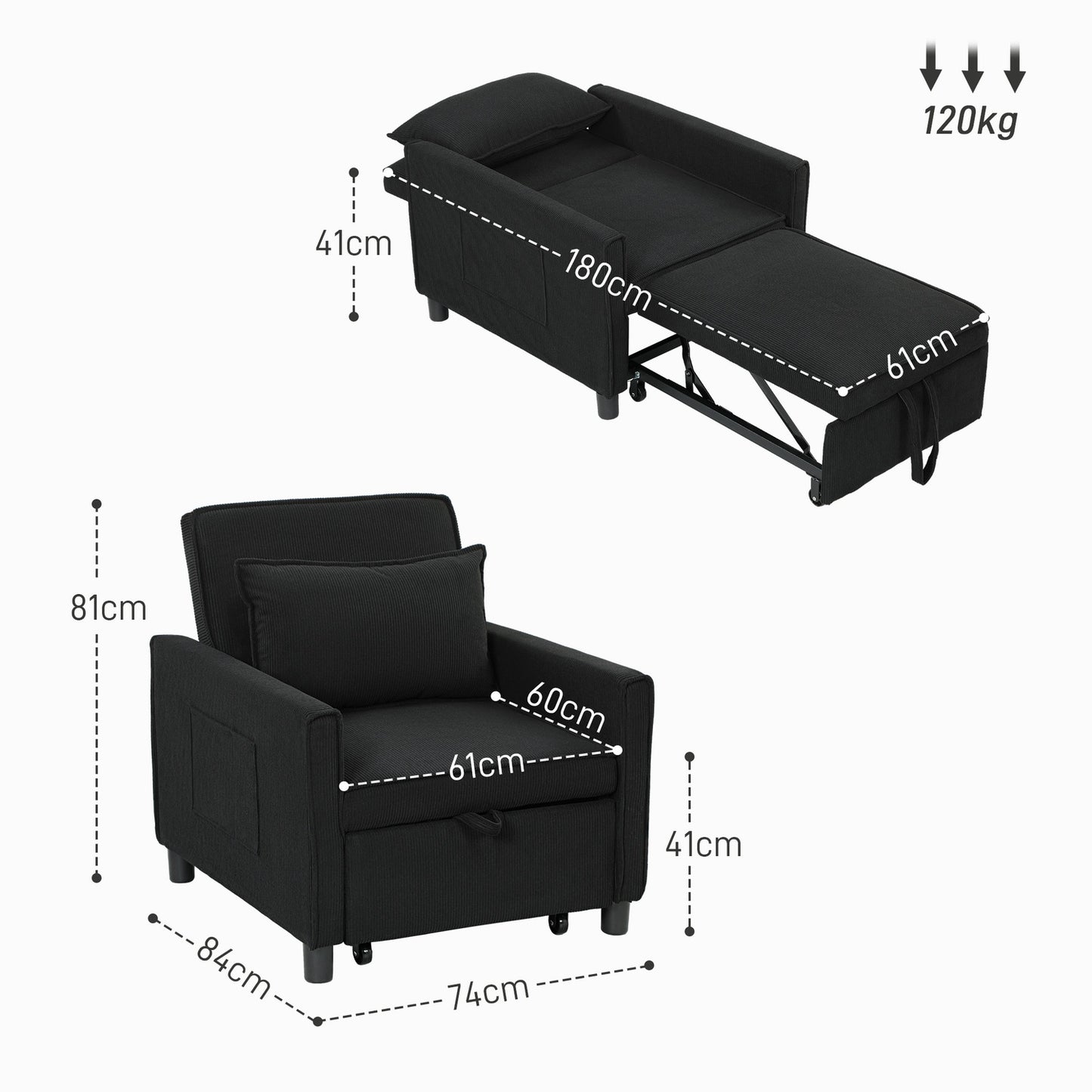 3-in-1 sofa bed, adjustable chair with wheels, black corduroy