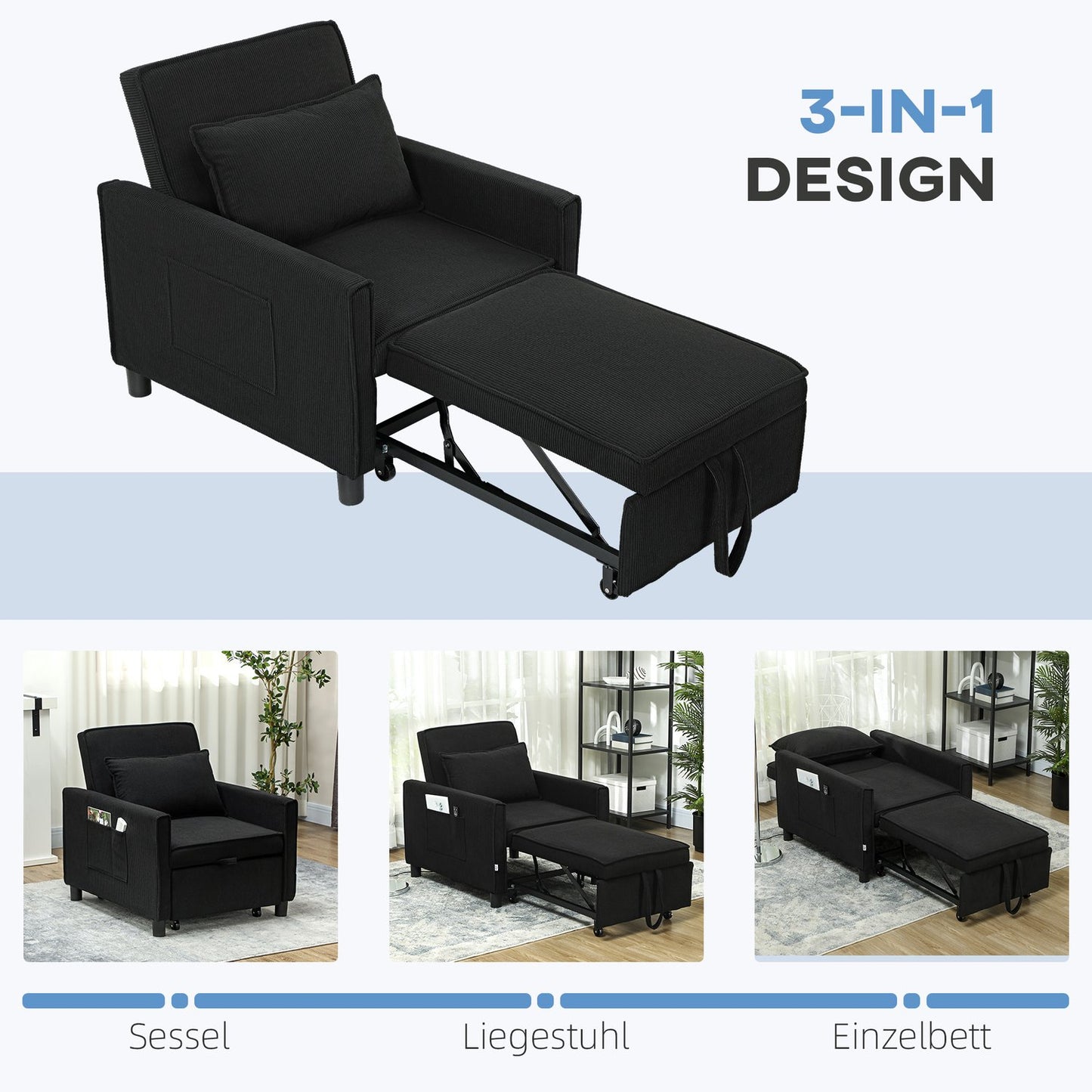 3-in-1 sofa bed, adjustable chair with wheels, black corduroy