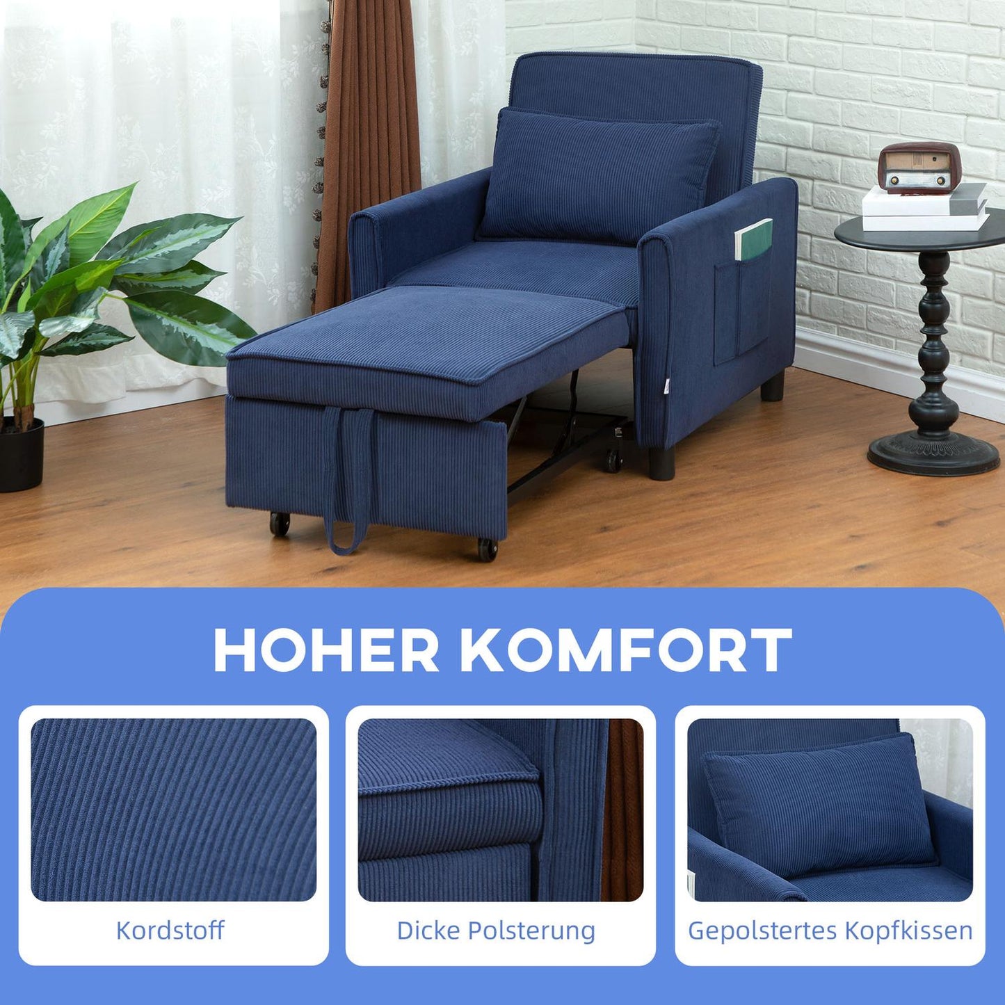 Blue corduroy 3-in-1 folding sleeper with wheels