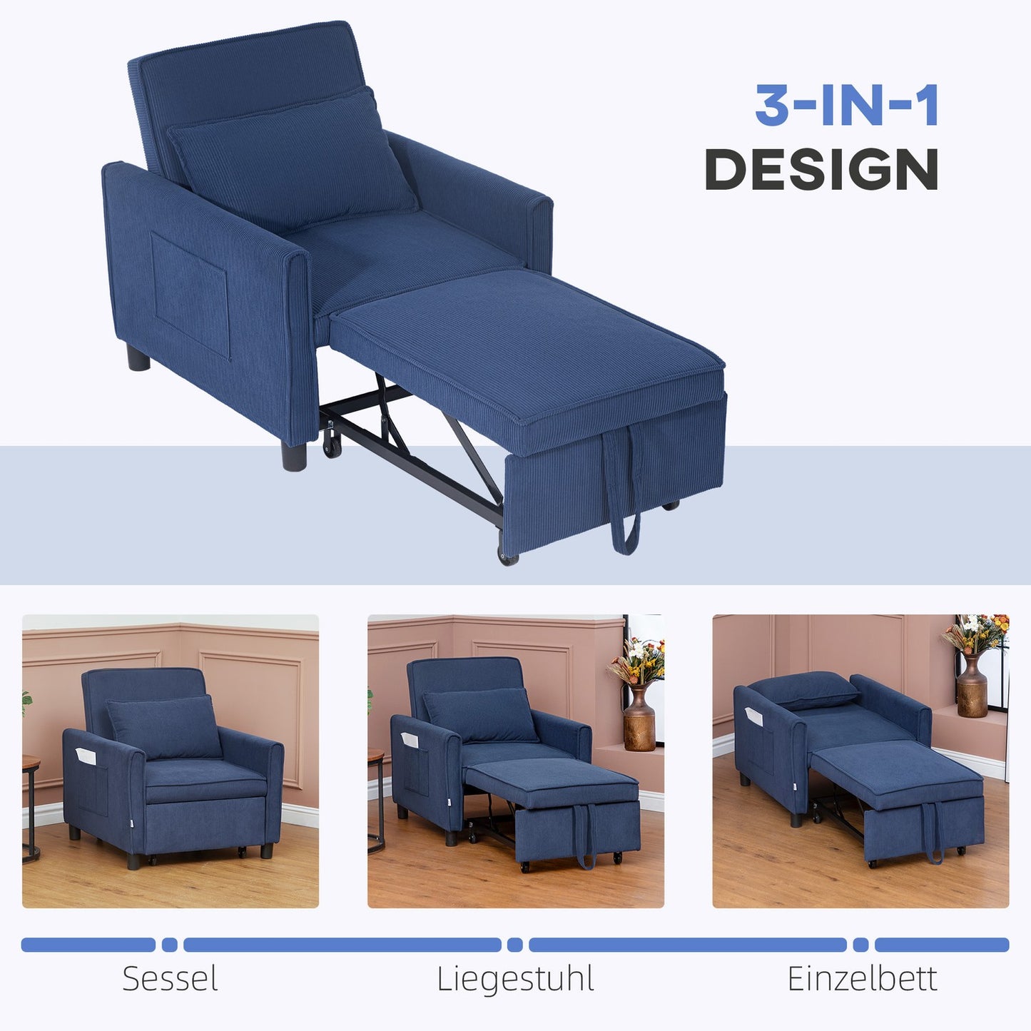 Blue corduroy 3-in-1 folding sleeper with wheels