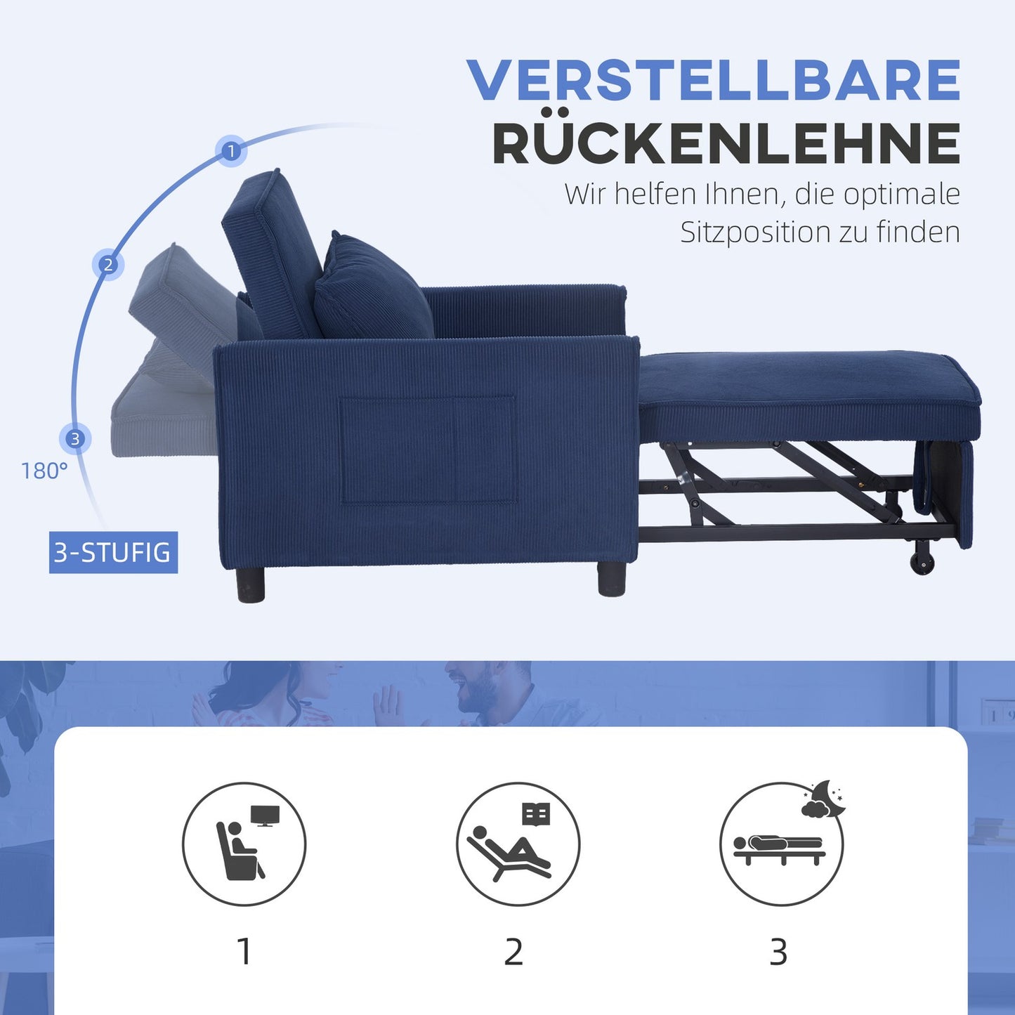 Blue corduroy 3-in-1 folding sleeper with wheels