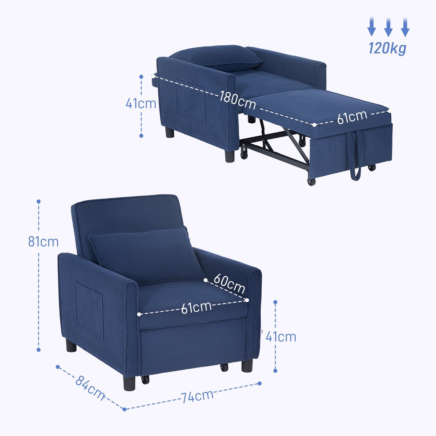 Blue corduroy 3-in-1 folding sleeper with wheels