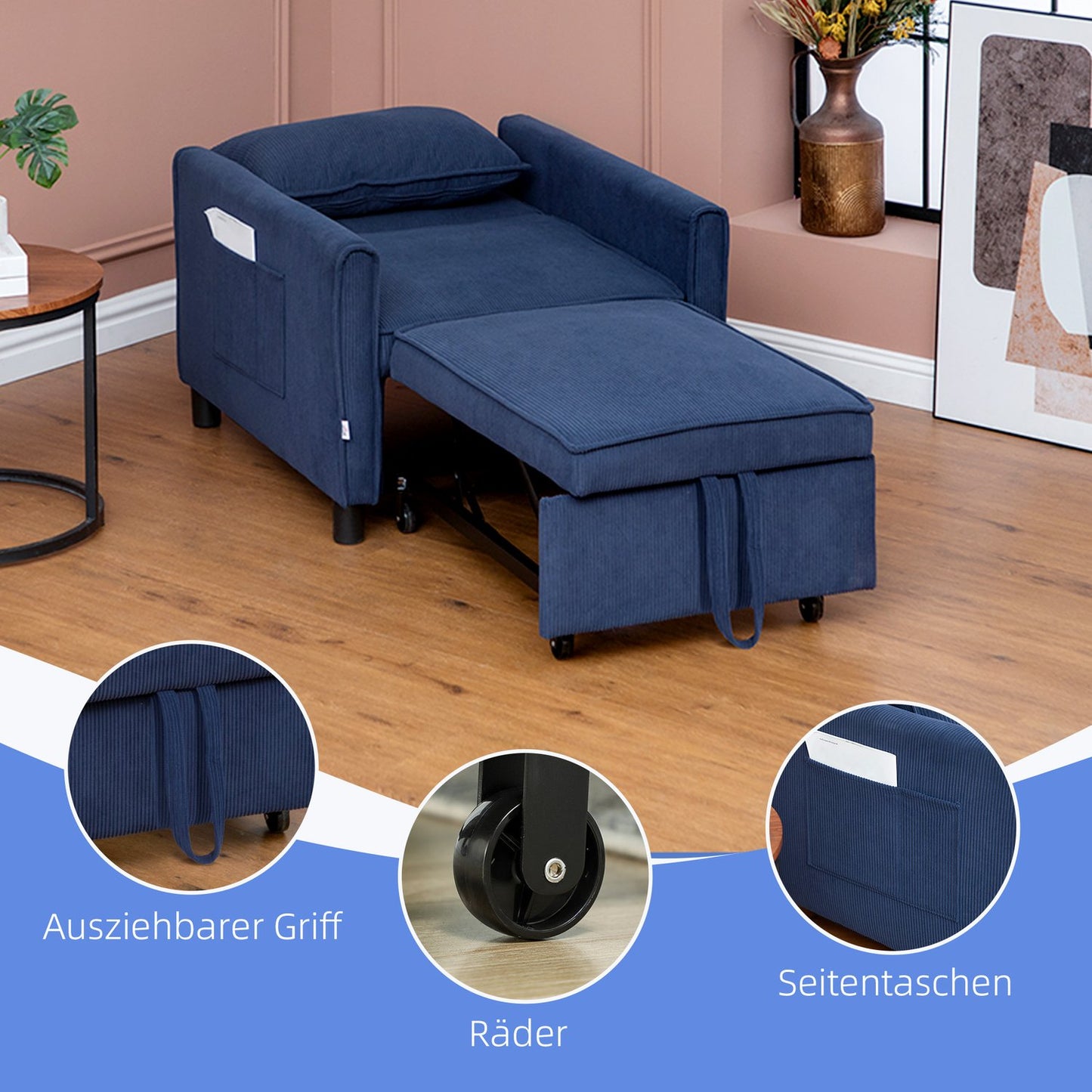 Blue corduroy 3-in-1 folding sleeper with wheels
