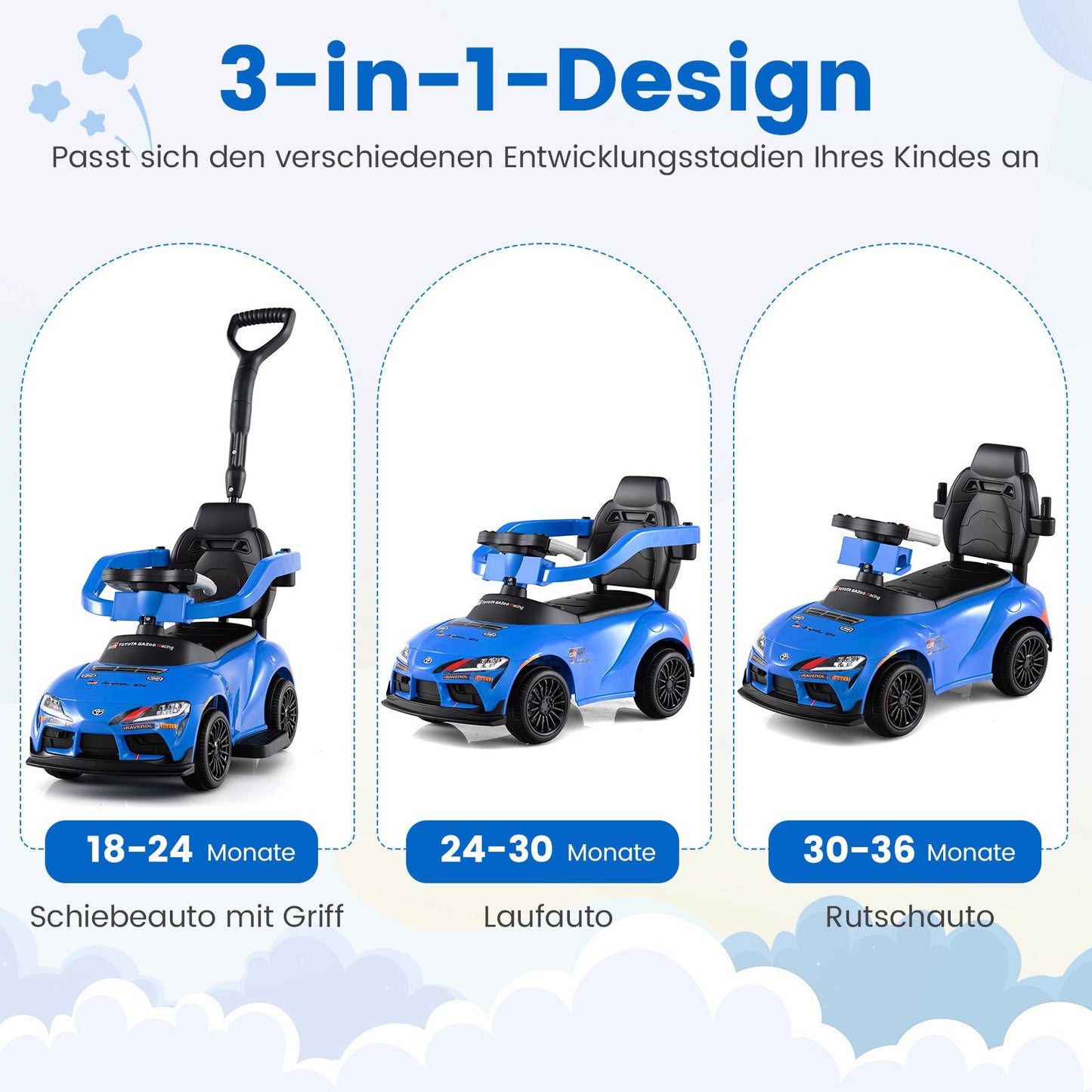 3-in-1 Toddler Ride-On Car with Push Handle, Blue