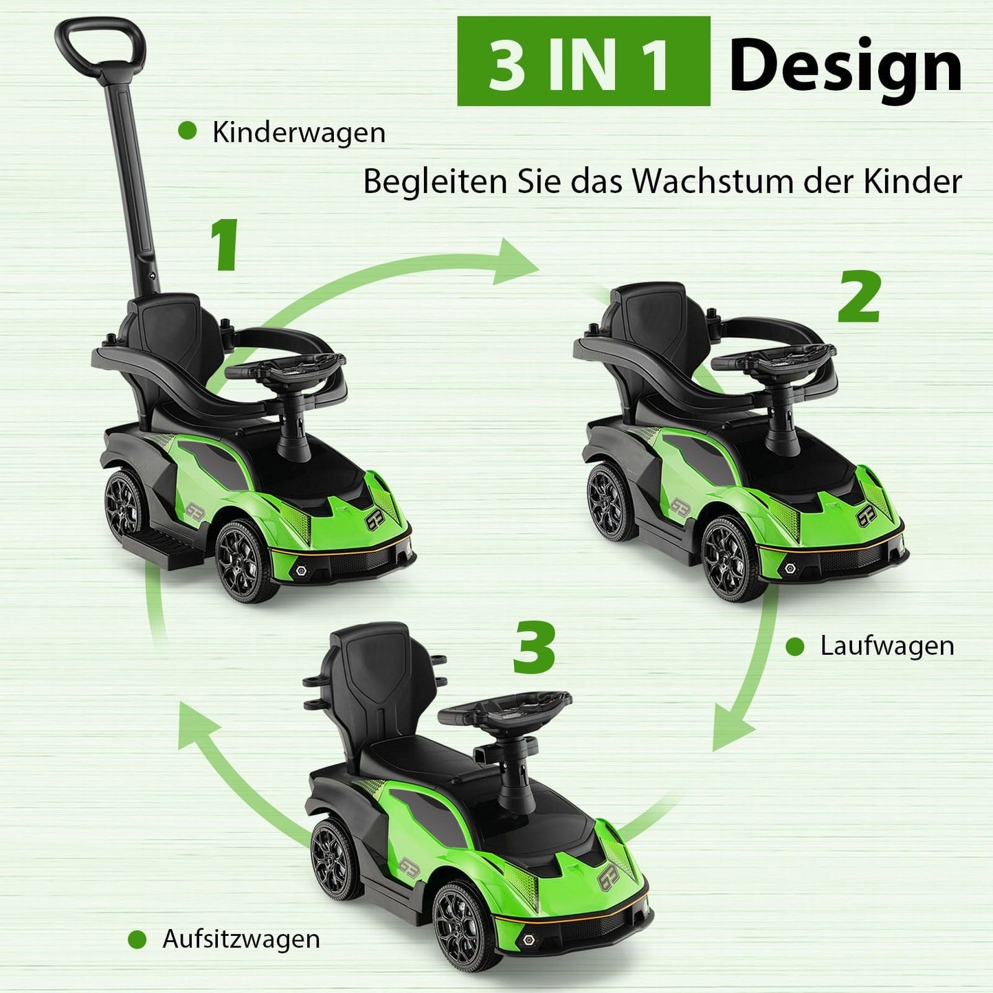 3-in-1 Toddler Ride-On Car with Push Handle, Green