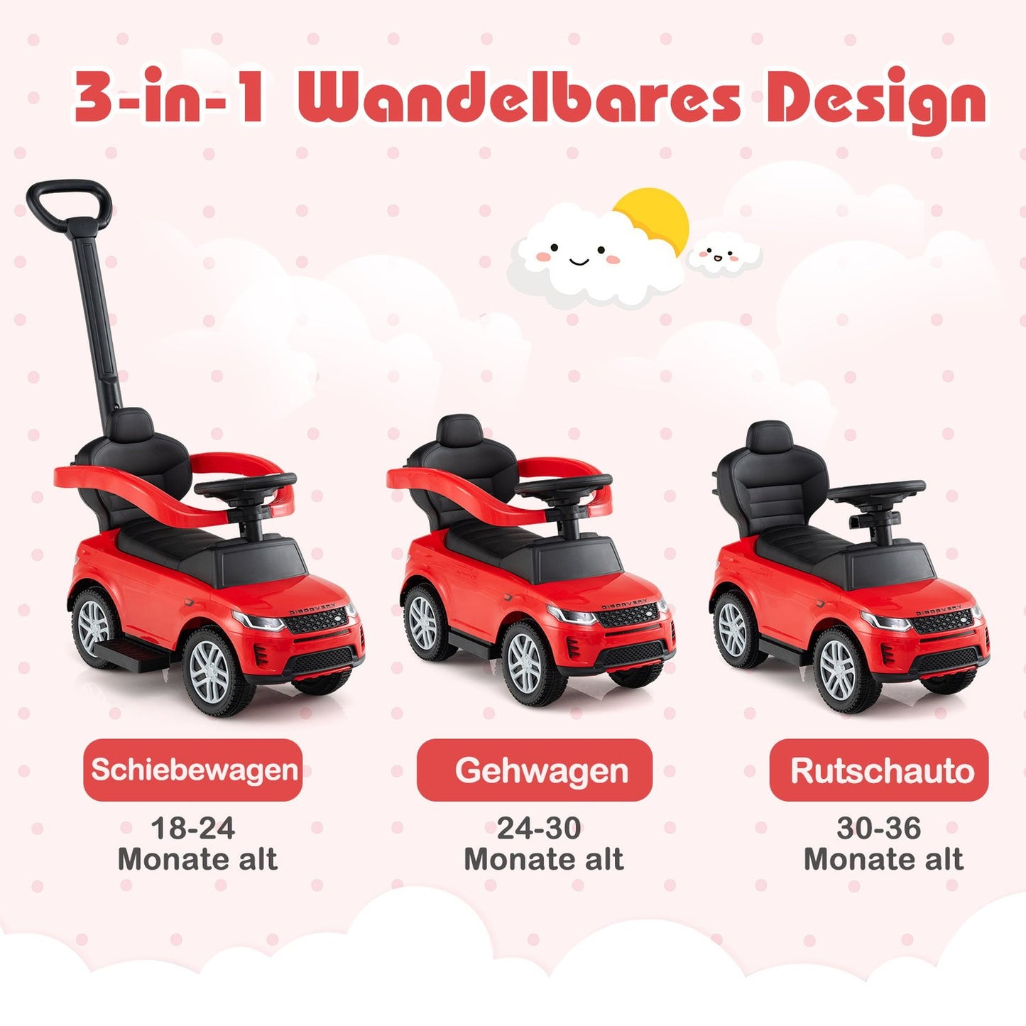 3-in-1 Toddler Ride-On Car with Removable Handle