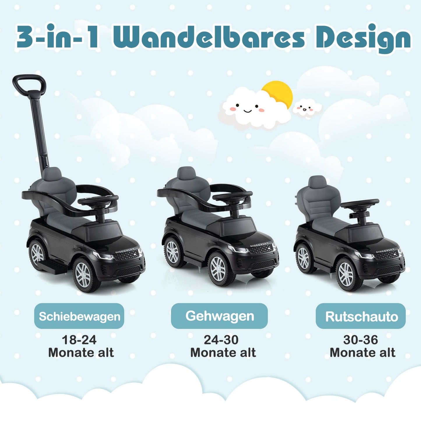 3-in-1 Toddler Ride-On Car with Removable Handle