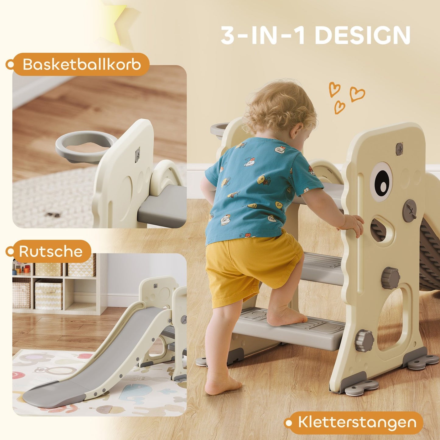 3-in-1 Toddler Slide with Climbing Frame & Hoop, Foldable
