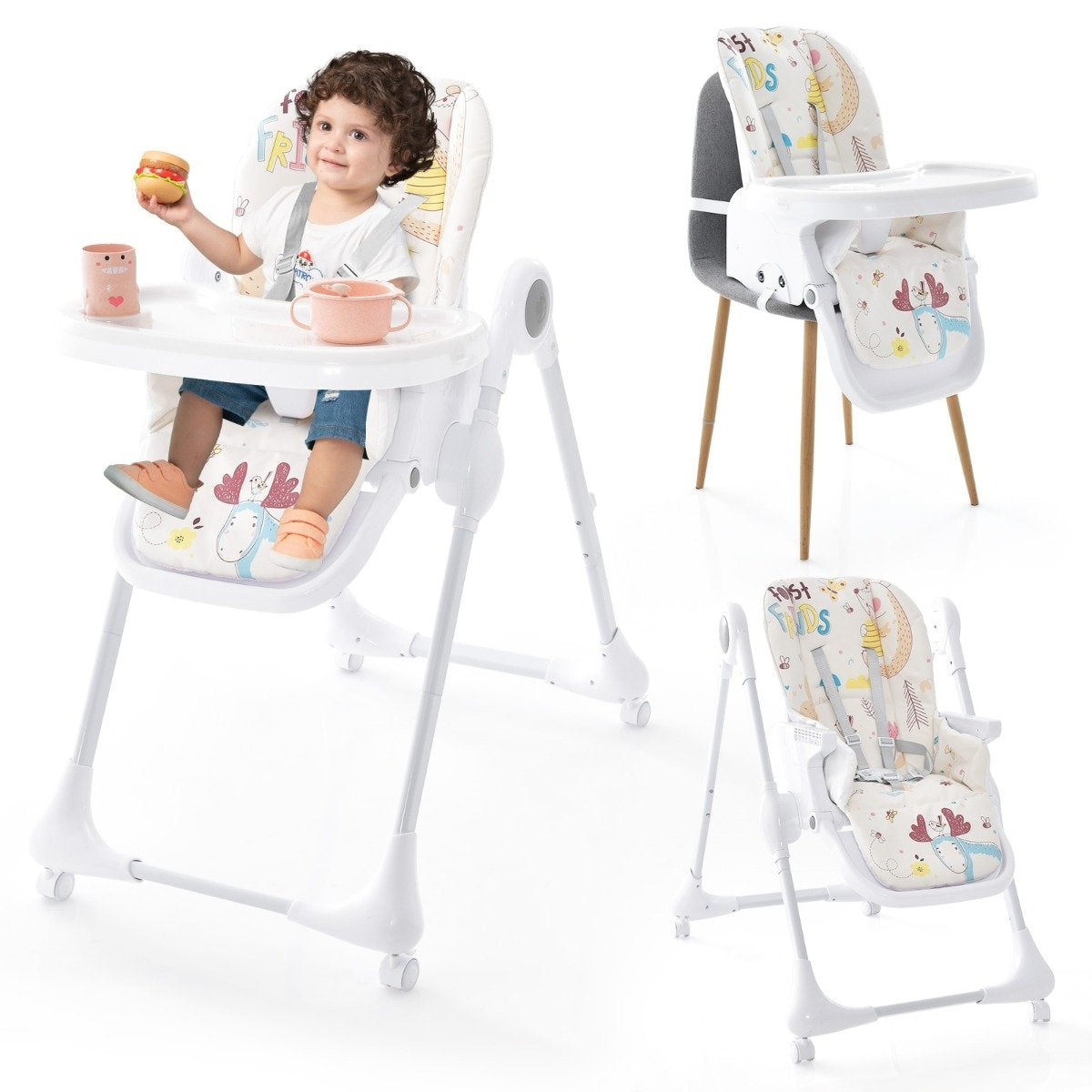 3-in-1 baby high chair with 5-way adjustable footrest, 3-way adjustable backrest & 4 universal wheels beige