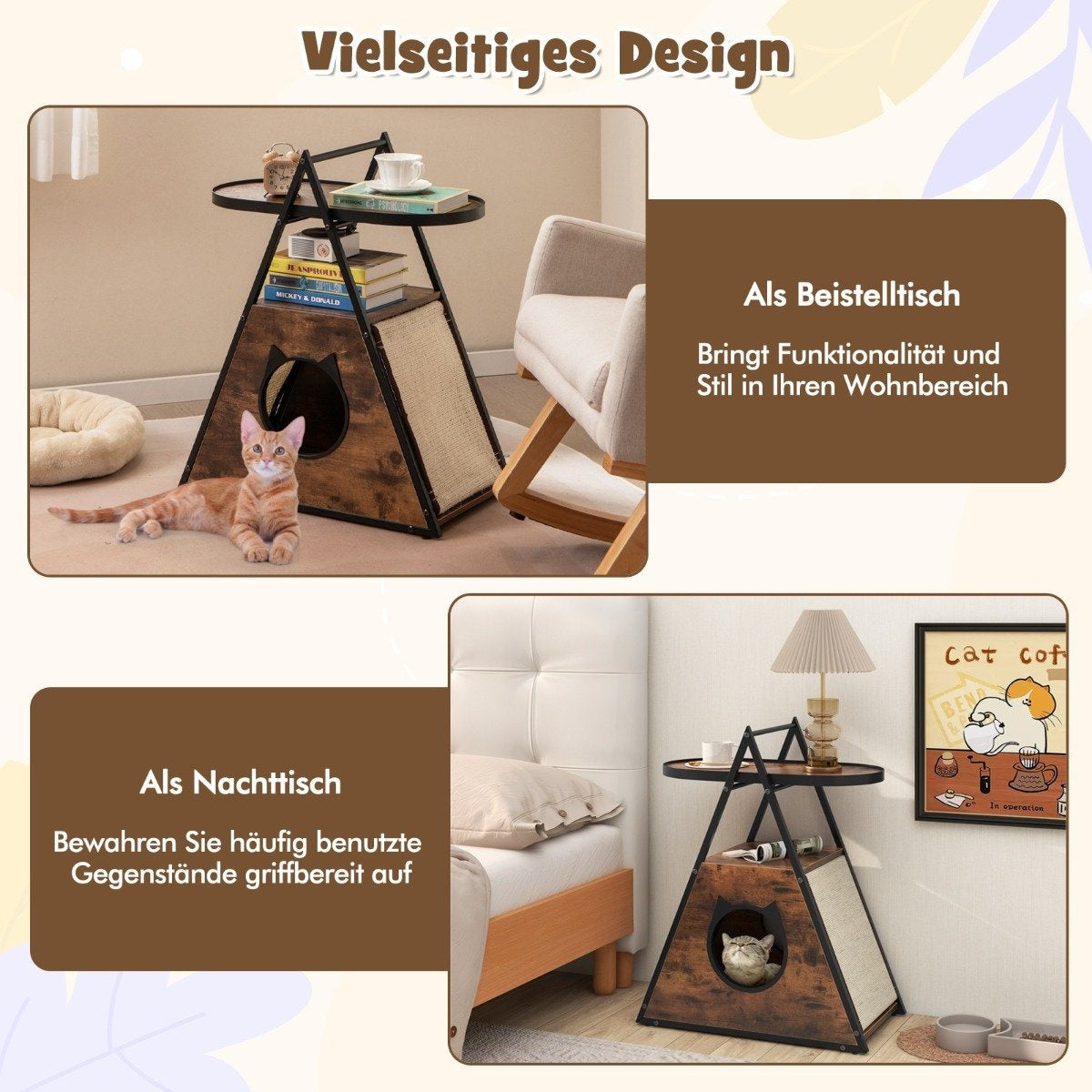 3 in 1 cat cabinet cat house & side table & bedside table with cat cave & scratching mats