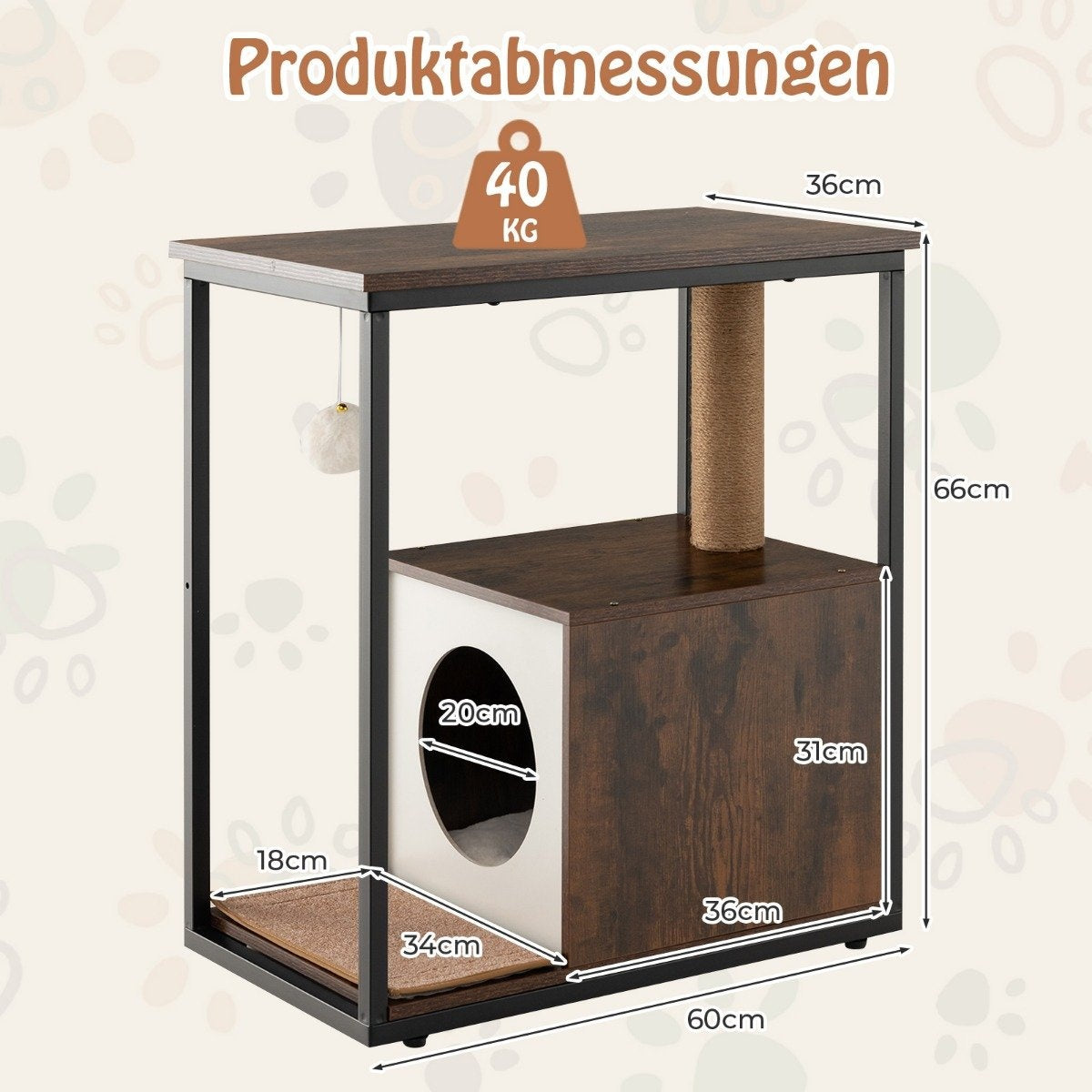 3 in 1 cat house & scratching post & side table cat cave with removable scratching mat & ball brown