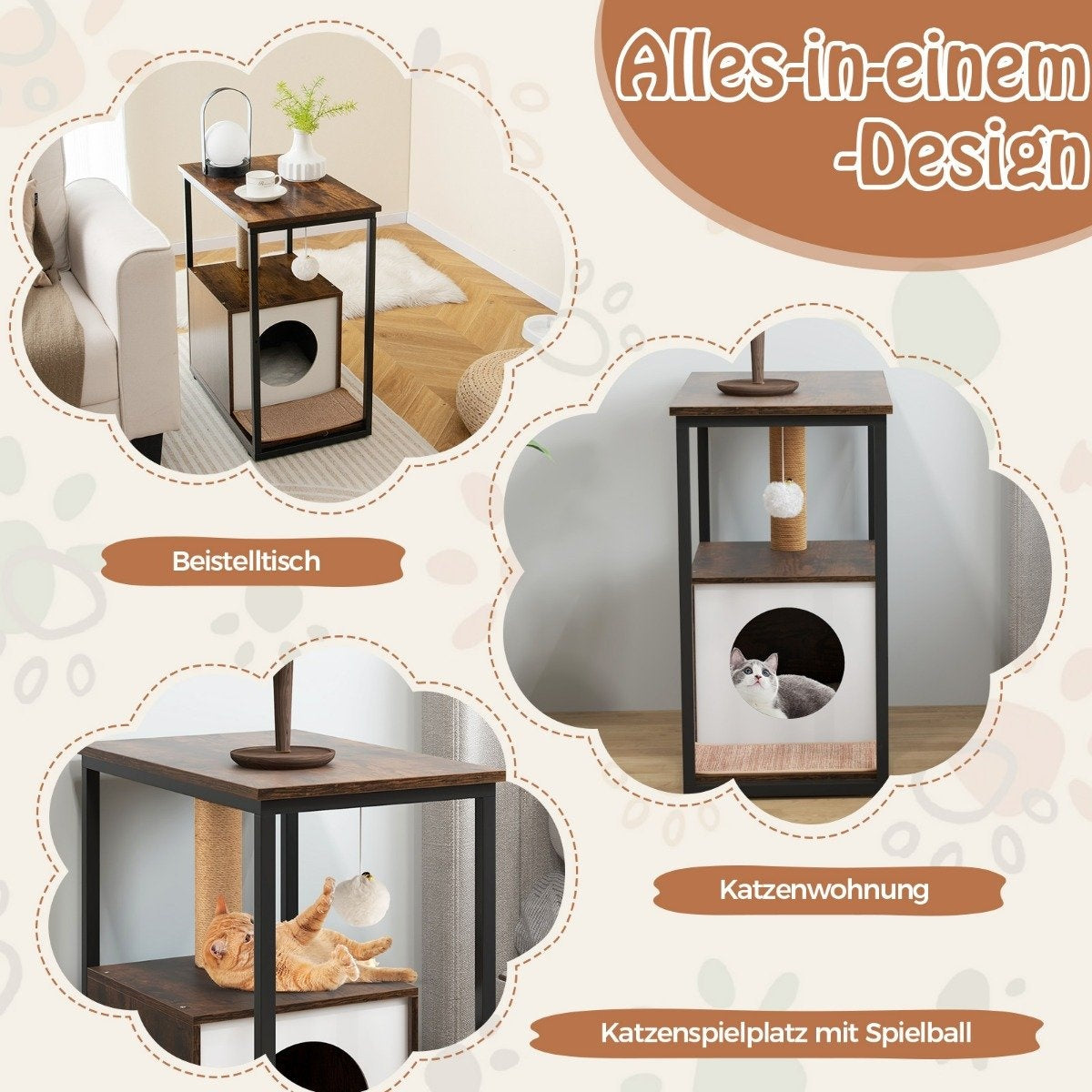 3 in 1 cat house & scratching post & side table cat cave with removable scratching mat & ball brown