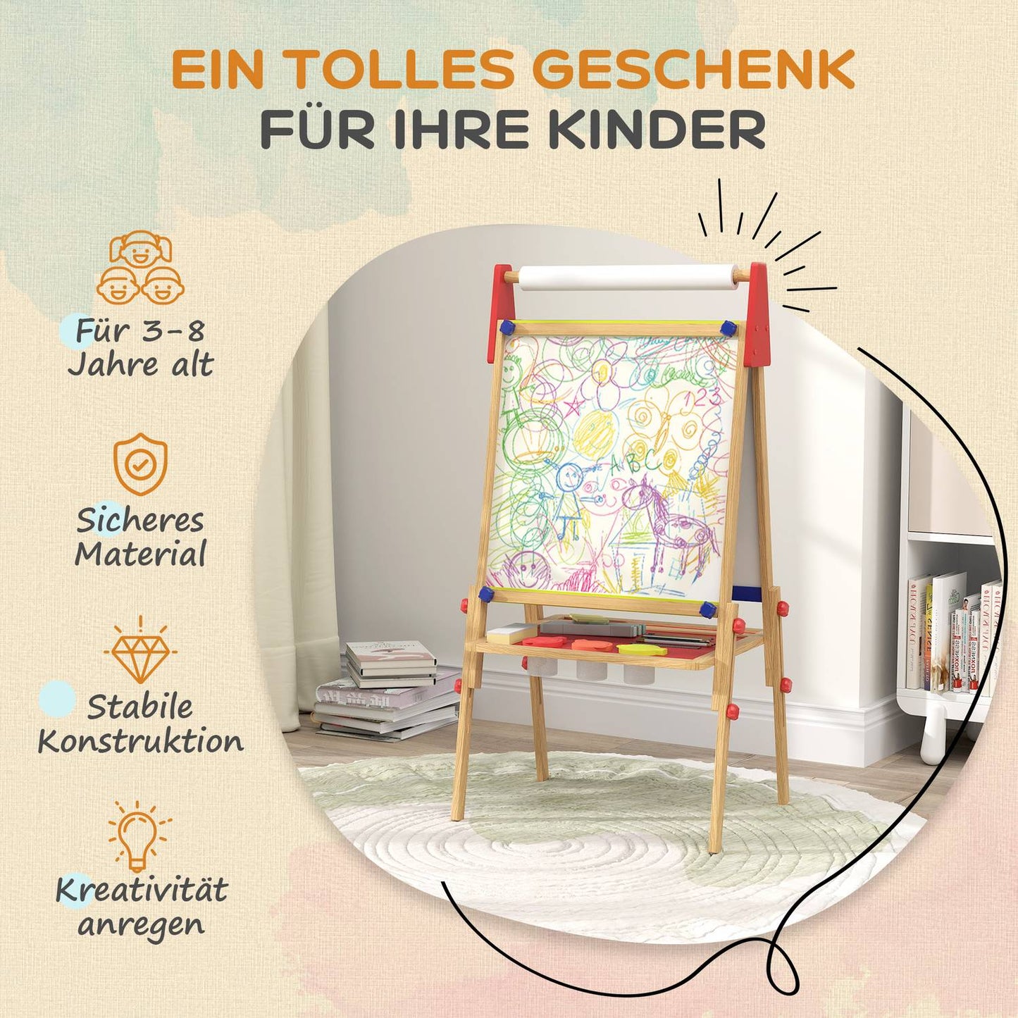 Adjustable height double-sided easel for children with shelf, ages 3-8