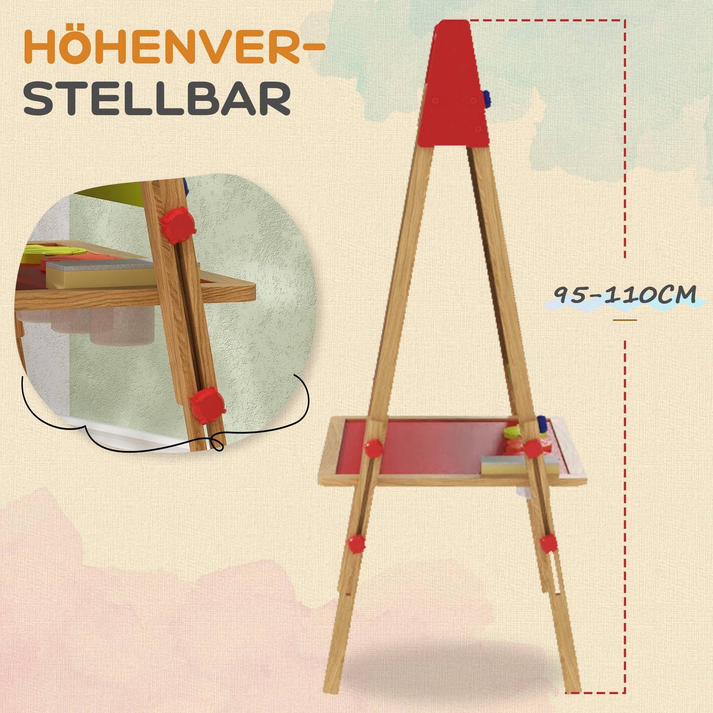 Adjustable height double-sided easel for children with shelf, ages 3-8