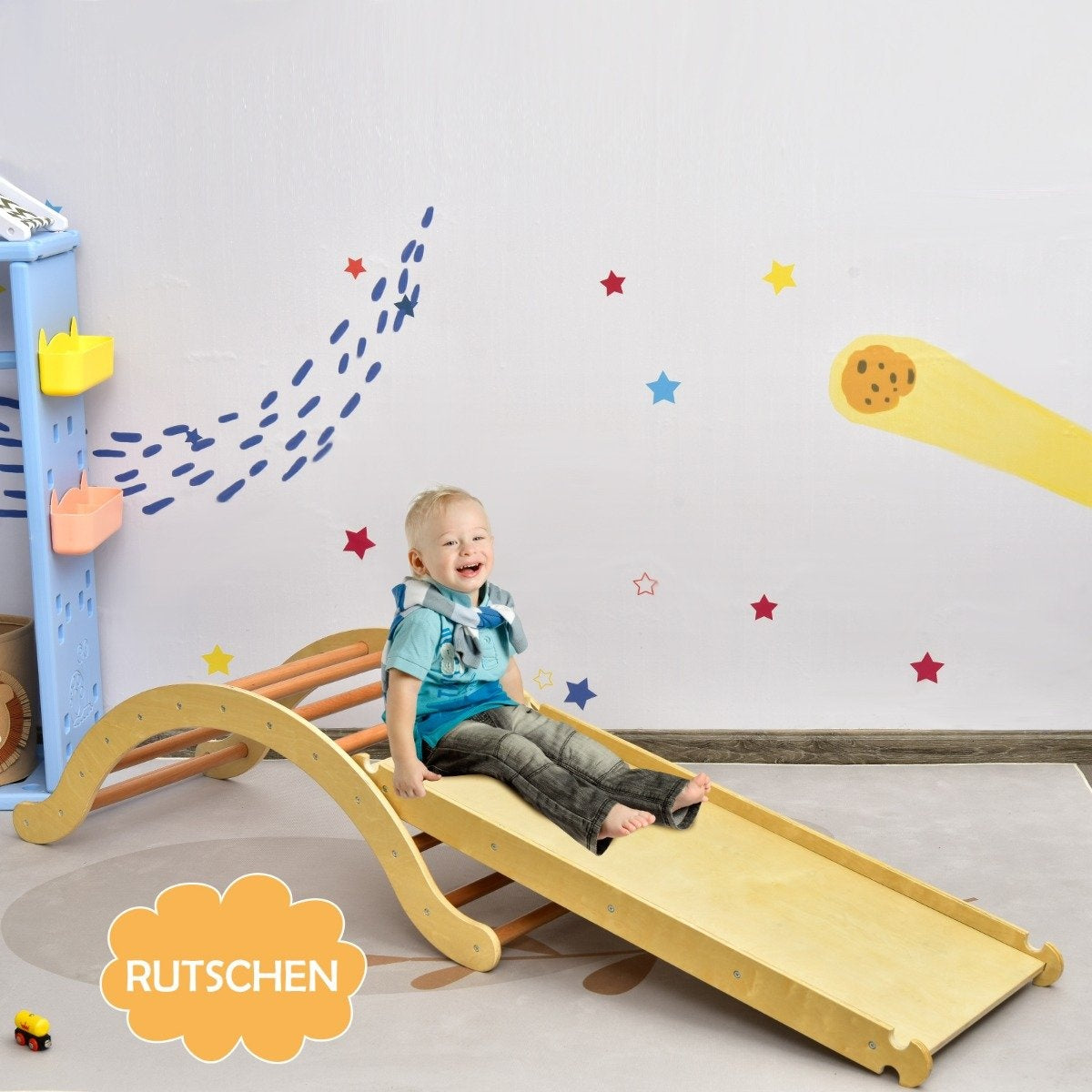3 in 1 children's climbing ladder set with reversible ramp and cushion for climbing and sliding natural + blue load capacity of 60kg