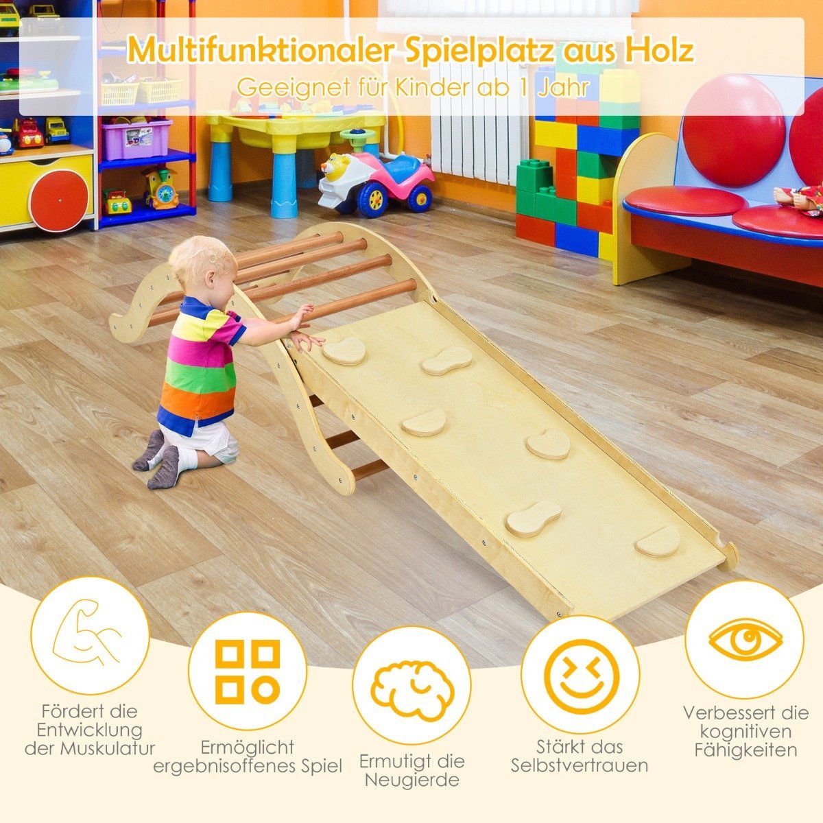 3 in 1 children's climbing ladder set with reversible ramp and cushion for climbing and sliding natural + blue load capacity of 60kg