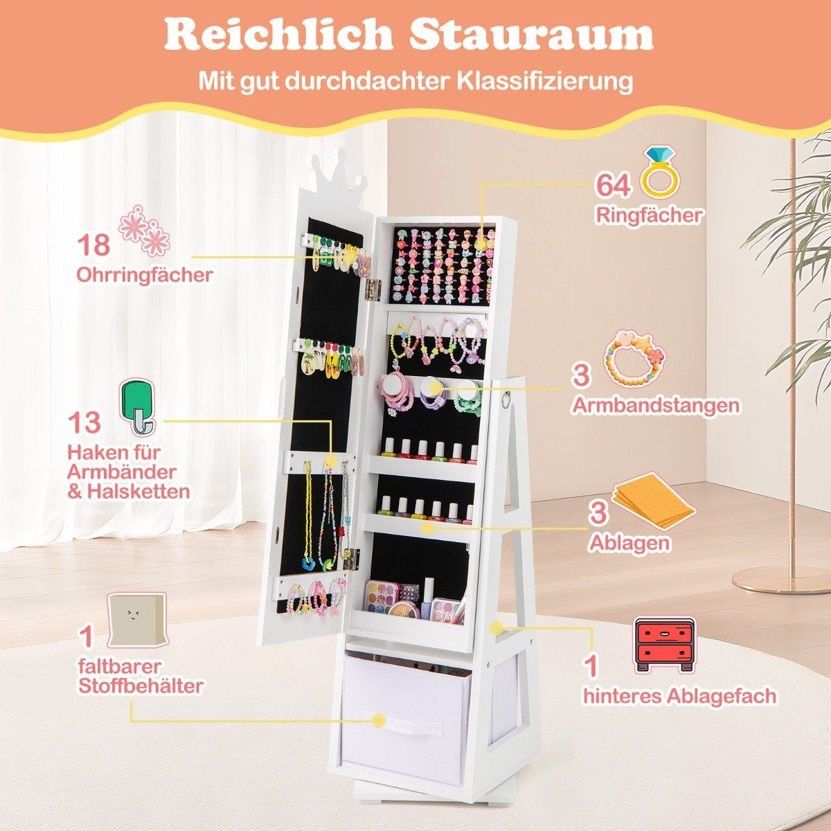 3 in 1 children's jewelry cabinet with full-length mirror & storage basket jewelry rack white