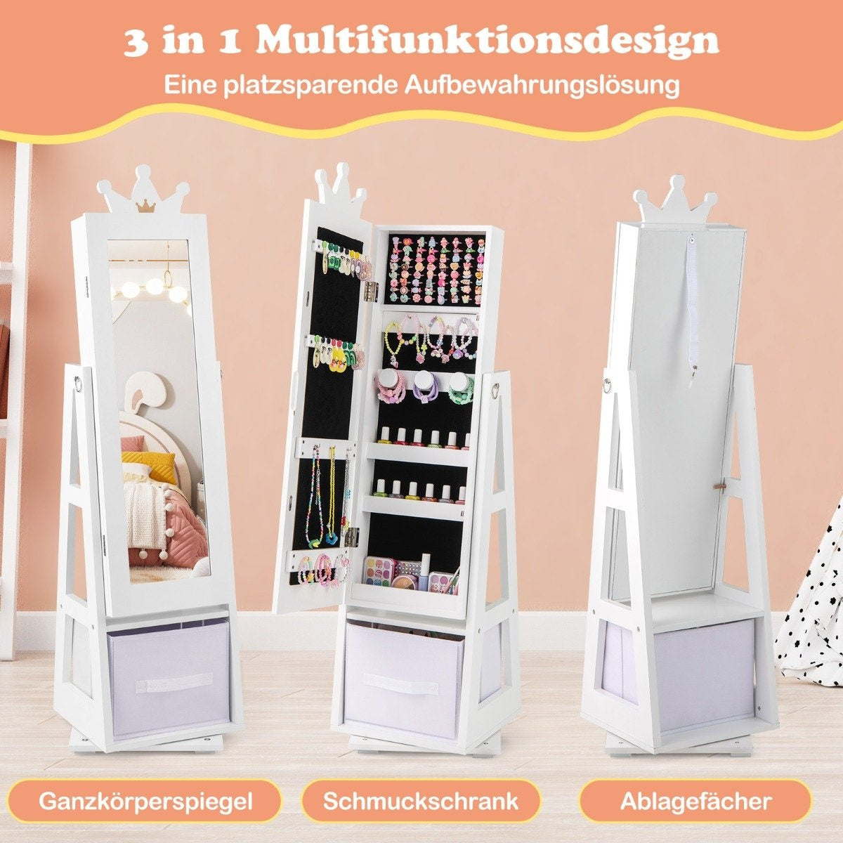 3 in 1 children's jewelry cabinet with full-length mirror & storage basket jewelry rack white