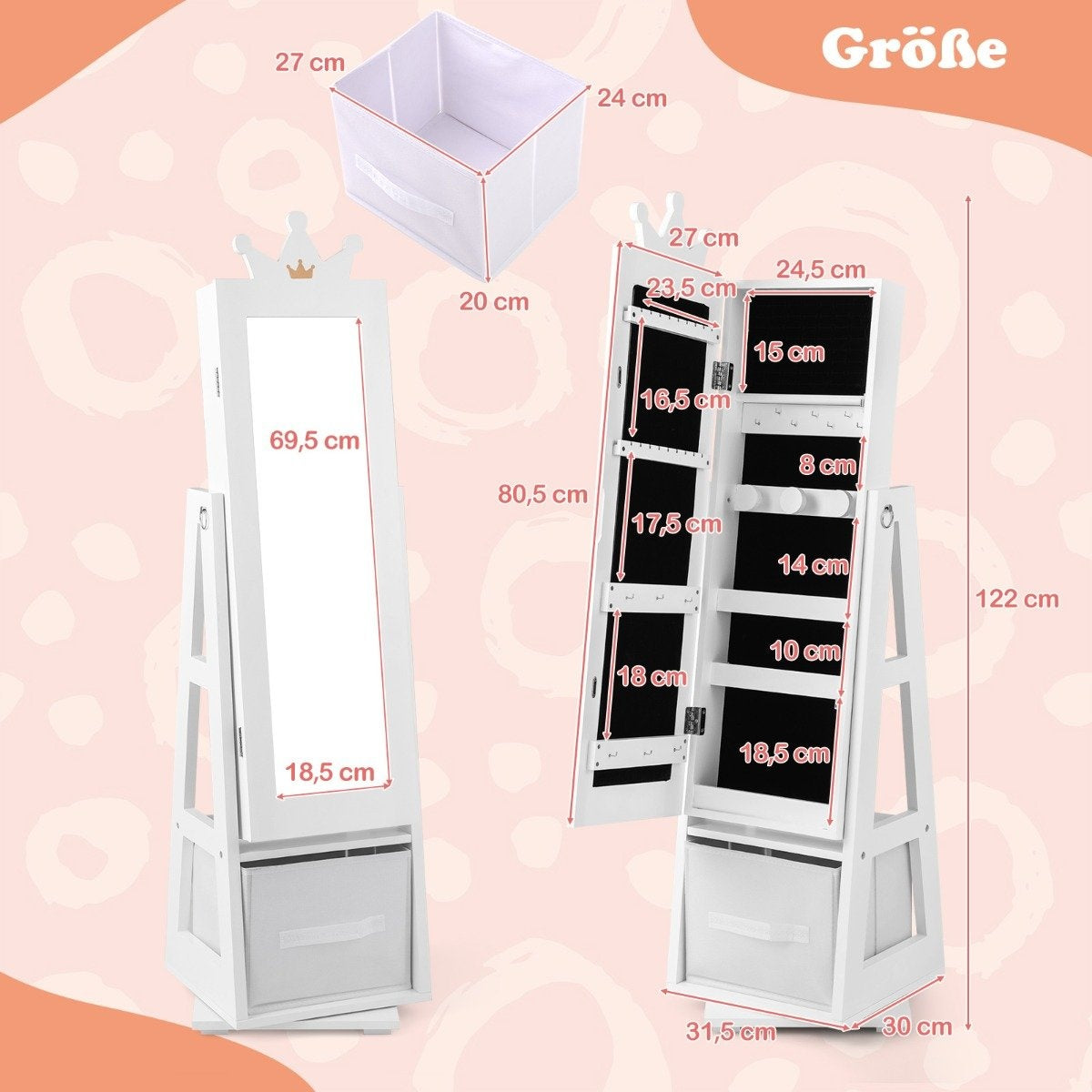 3 in 1 children's jewelry cabinet with full-length mirror & storage basket jewelry rack white