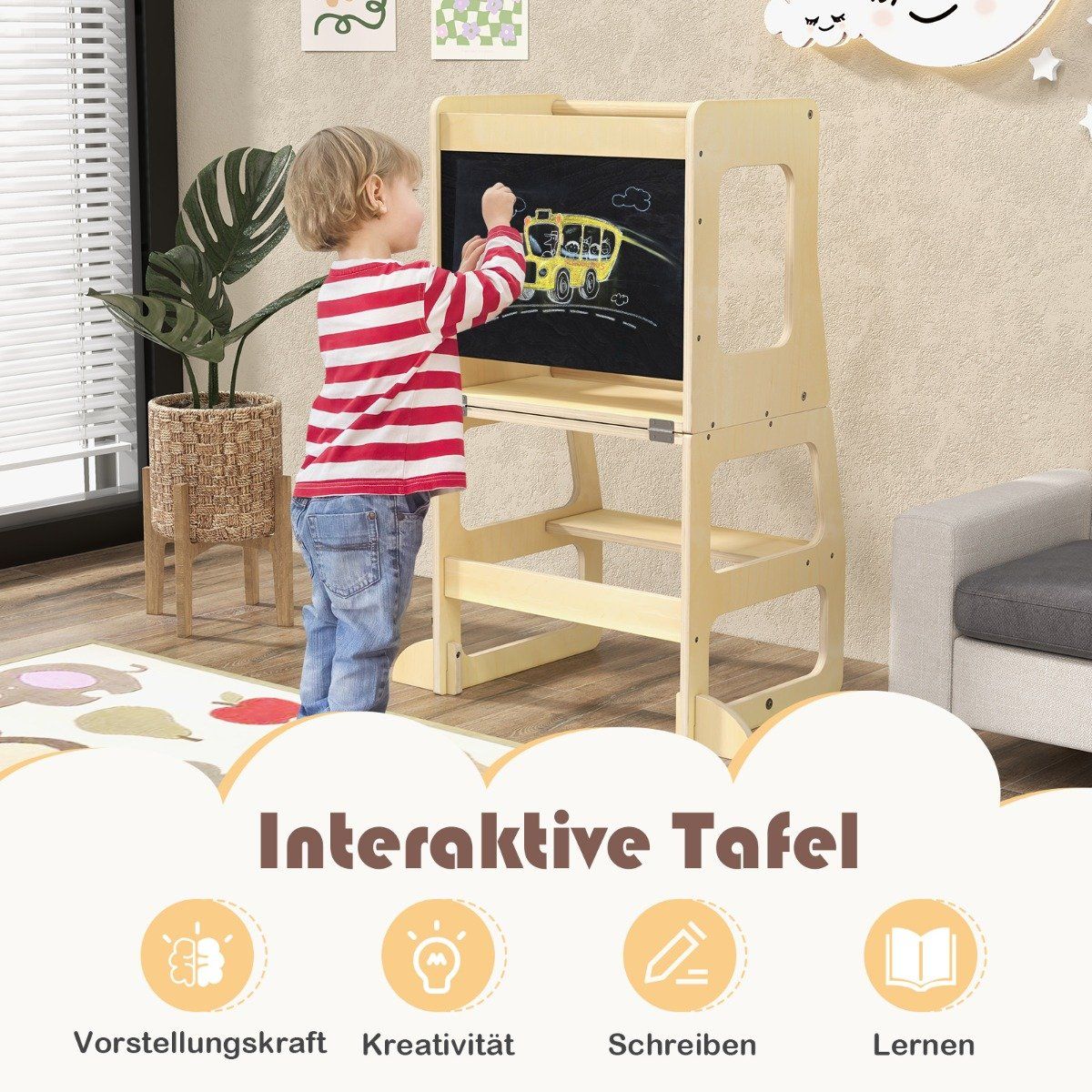 3 in 1 children's learning tower folding step stool & blackboard & children's table set from 1 year standing tower natural