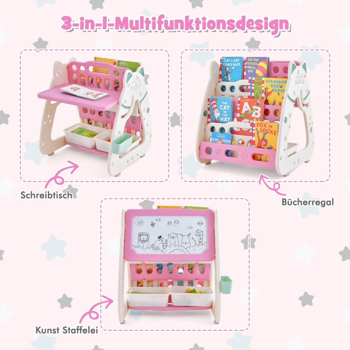 3 in 1 children's seating group & blackboard & bookcase with 3 storage boxes & stool pink