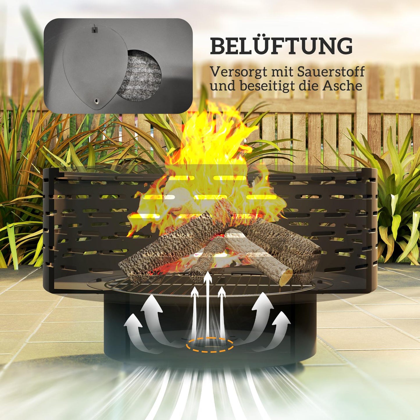 Fire pit in stainless steel with grill, 60 cm - Spark protection