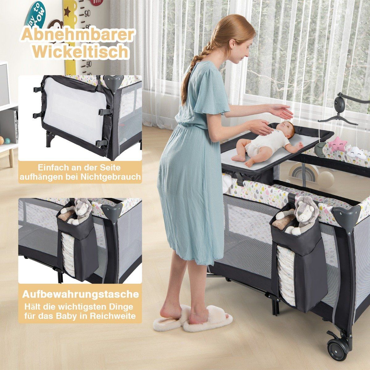 3 in 1 folding side bed travel cot with mattress hanging toy music box colorful