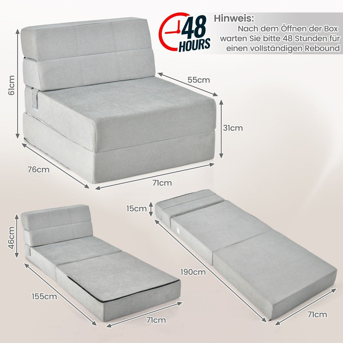3 in 1 folding sofa bed with washable cover extra thick foam (15cm) gray