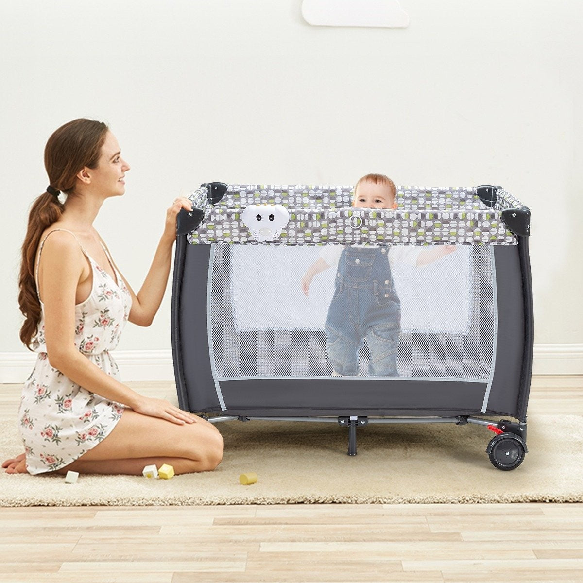 3 in 1 folding travel cot & changing table & playpen with removable mosquito net