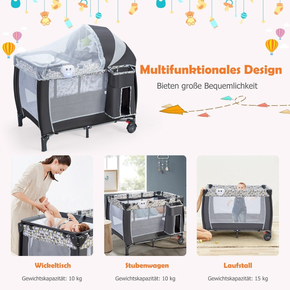 3 in 1 folding travel cot & changing table & playpen with removable mosquito net