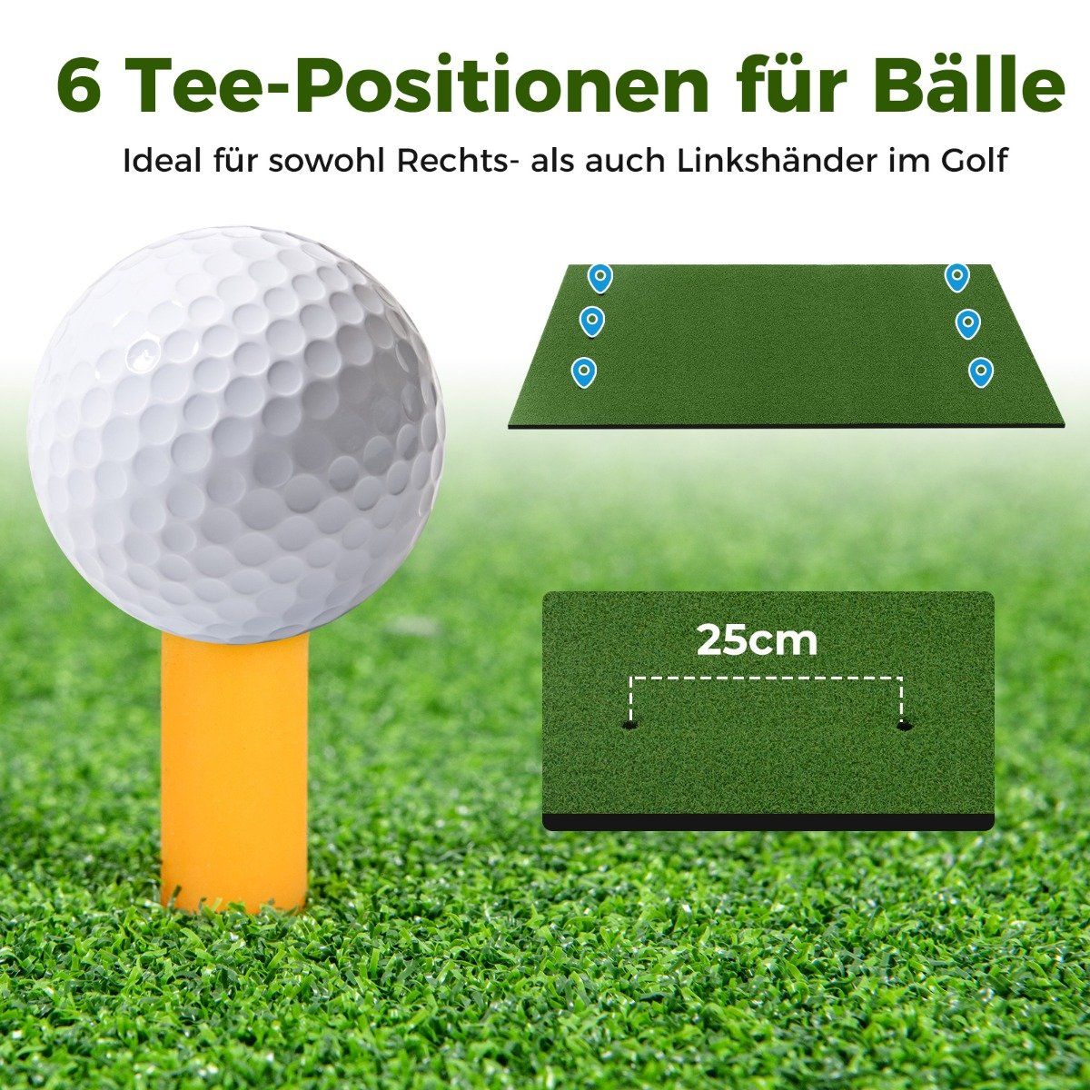 3-in-1 golf tee mat with artificial turf, 2 golf tees, 2 alignment stakes & 6 pre-drilled tee holes, 152 x 92 cm, 27 mm