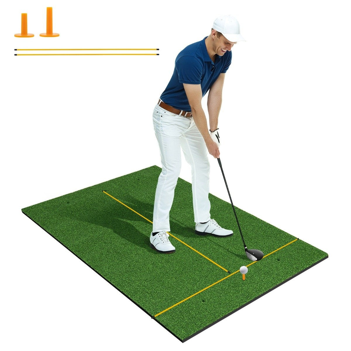 3-in-1 golf tee mat with artificial turf, 2 golf tees, 2 alignment stakes & 6 pre-drilled tee holes, 152 x 92 cm, 27 mm