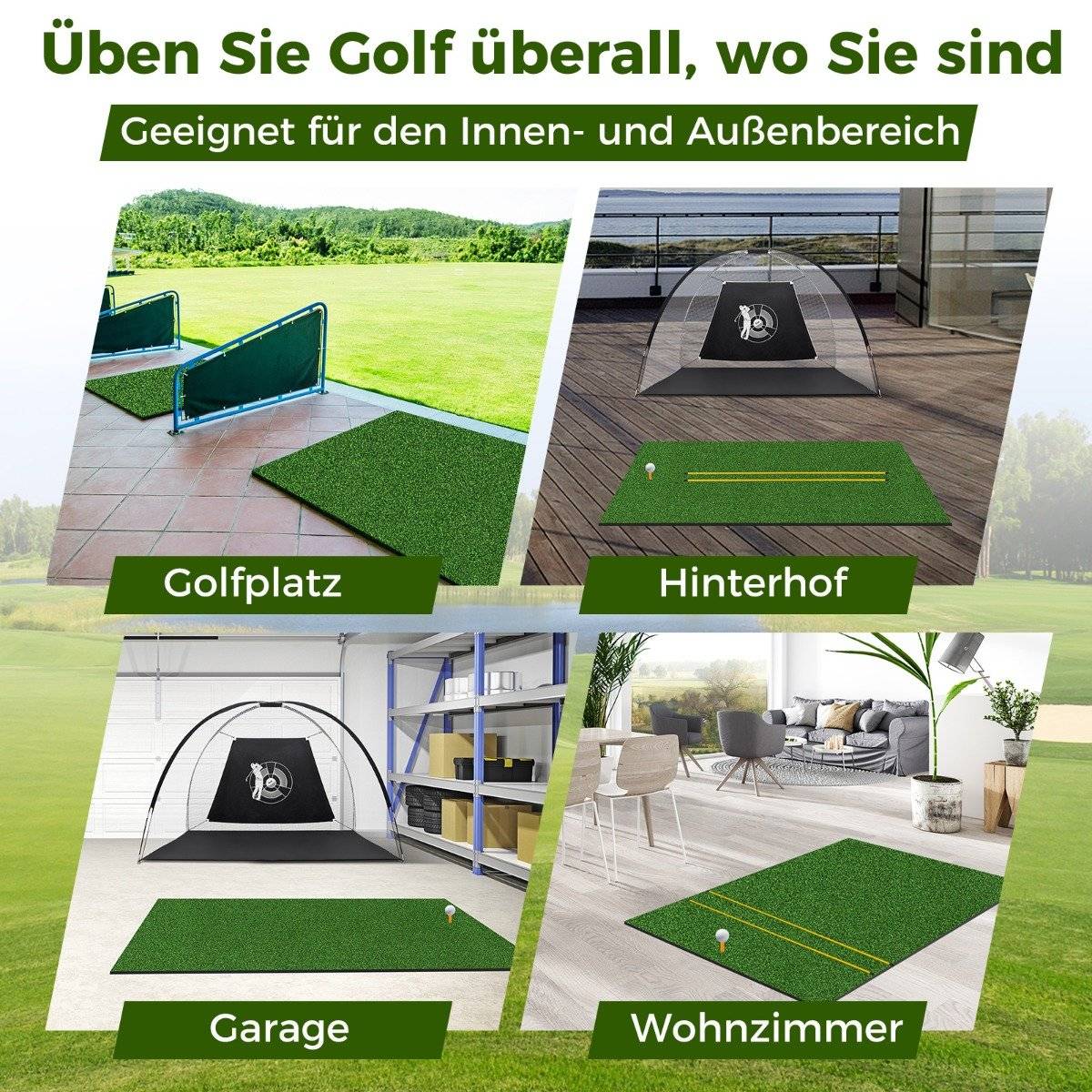 3-in-1 golf tee mat with artificial turf, 2 golf tees, 2 alignment stakes & 6 pre-drilled tee holes, 152 x 92 cm, 27 mm