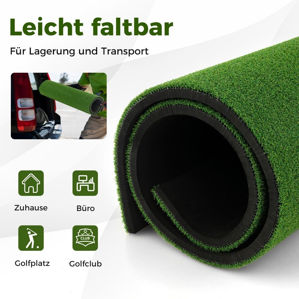 3-in-1 golf tee mat with artificial turf, 2 golf tees, 2 alignment stakes, and 6 pre-drilled tee holes, 152 x 92 cm