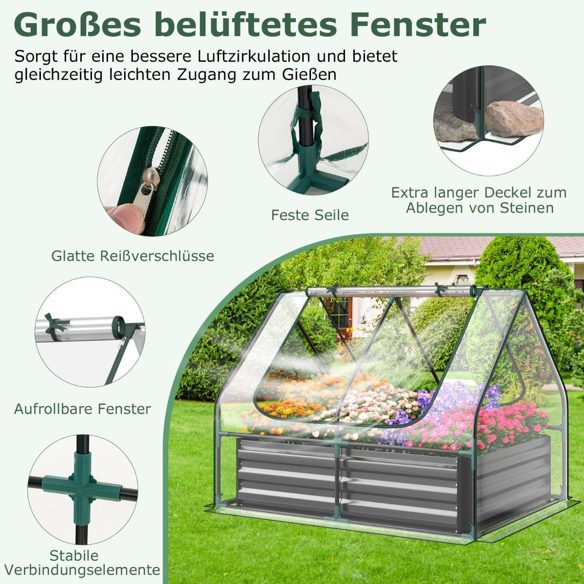 3 in 1 greenhouse with raised bed metal planter box PVC film flower bed with two windows silver 129 x 97 x 96 cm