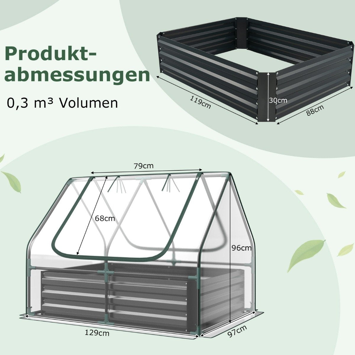 3 in 1 greenhouse with raised bed metal planter box PVC film flower bed with two windows silver 129 x 97 x 96 cm