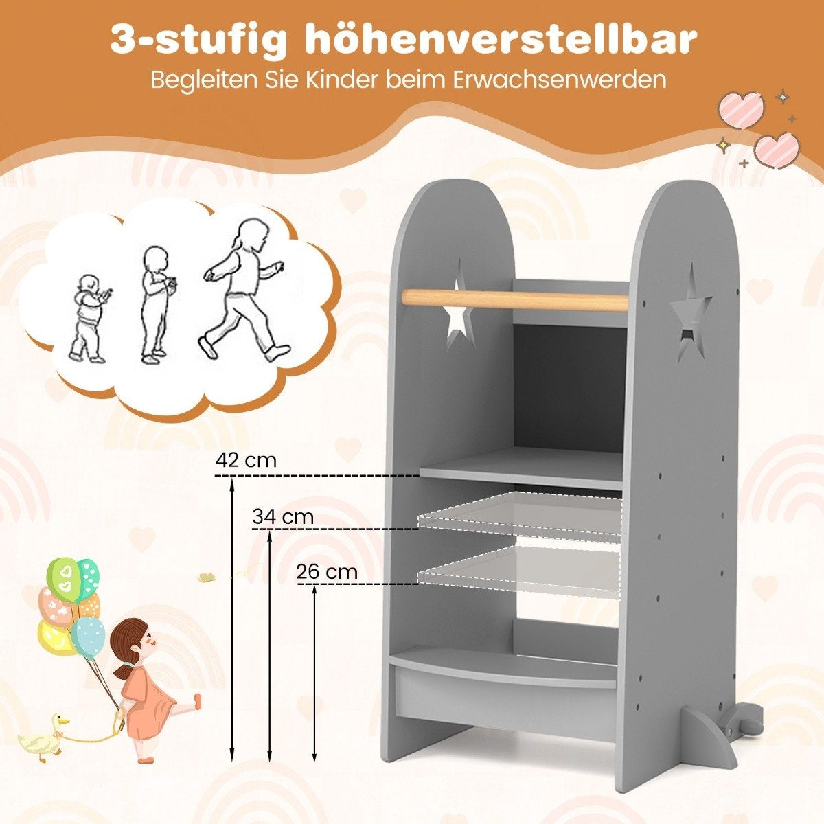 3 in 1 learning tower children's step stool with 3 adjustable heights 90 kg load capacity grey