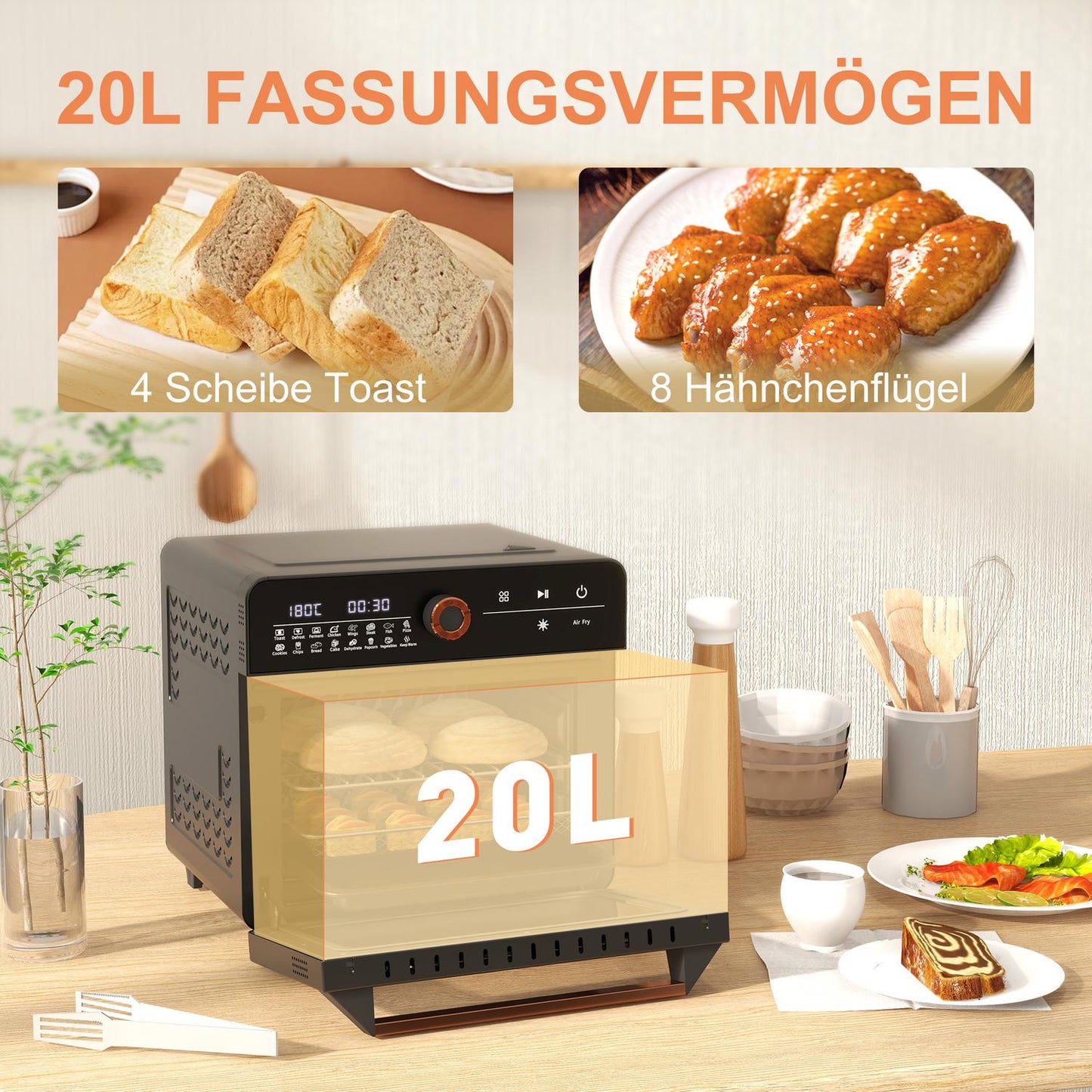 3-in-1 mini convection oven with timer, 20L capacity