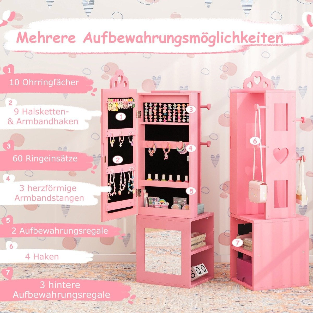 3 in 1 mirror cabinet with full length mirror &amp; Clothes rack children's jewelry cabinet pink