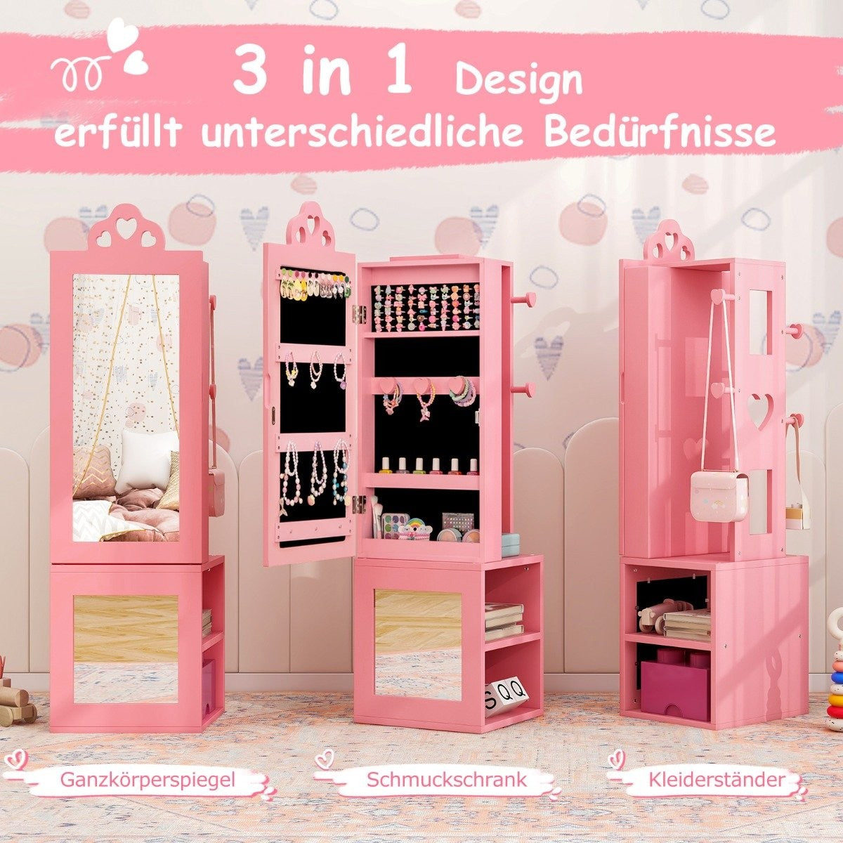 3 in 1 mirror cabinet with full length mirror &amp; Clothes rack children's jewelry cabinet pink