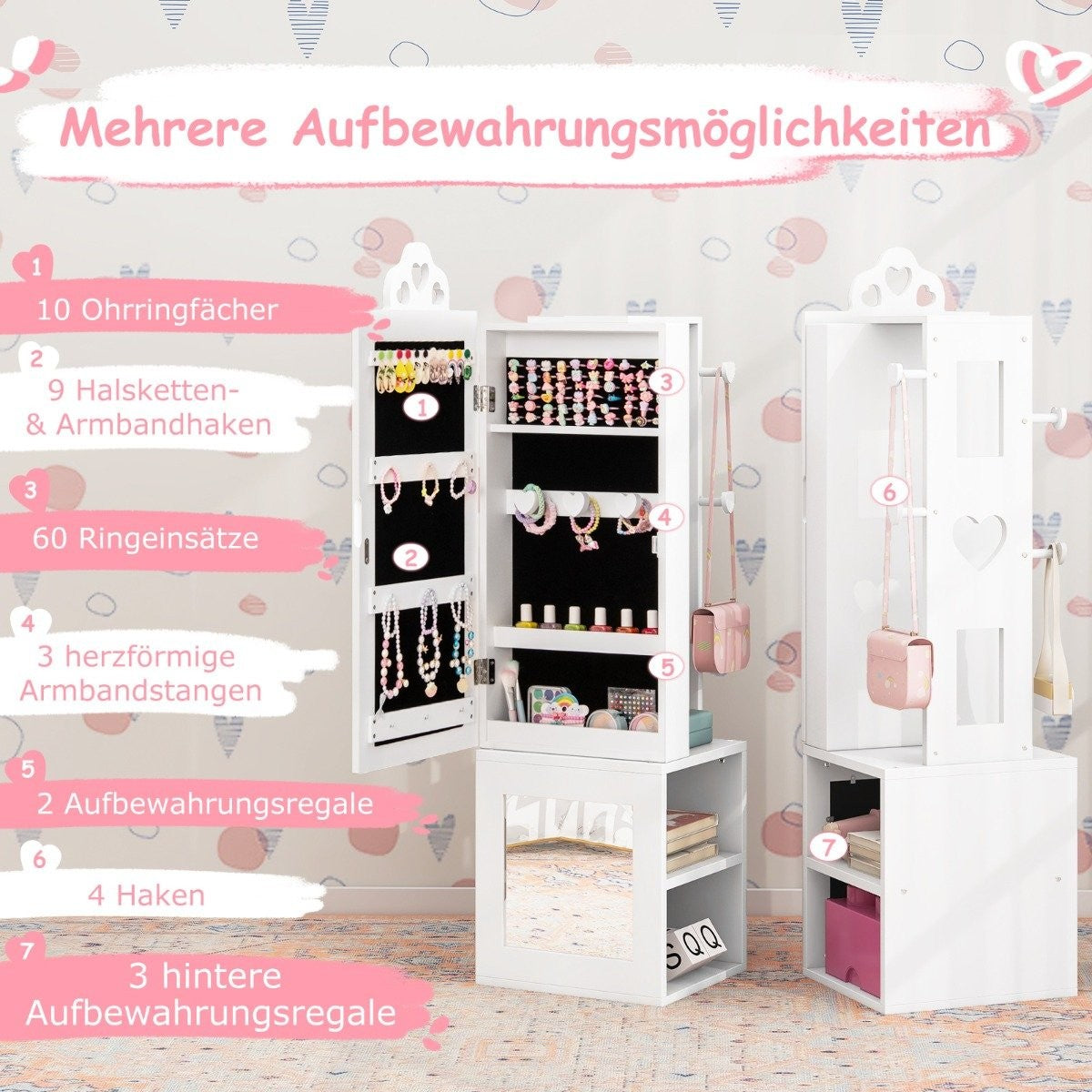 3 in 1 mirror cabinet with full length mirror &amp; Clothes rack children's jewelry cabinet white