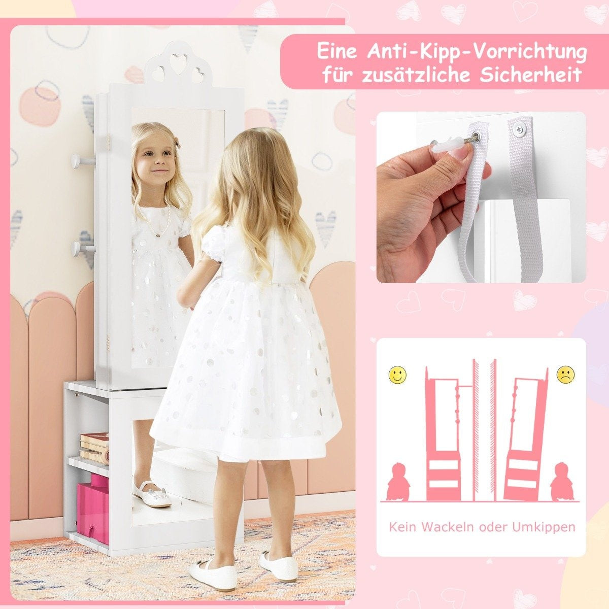 3 in 1 mirror cabinet with full length mirror &amp; Clothes rack children's jewelry cabinet white