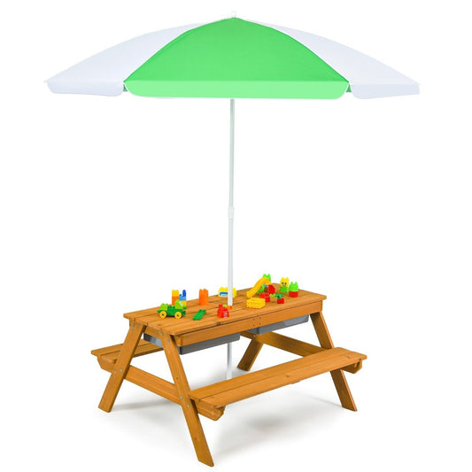 3-in-1 outdoor picnic table water & sand table with game boxes & umbrella natural and white